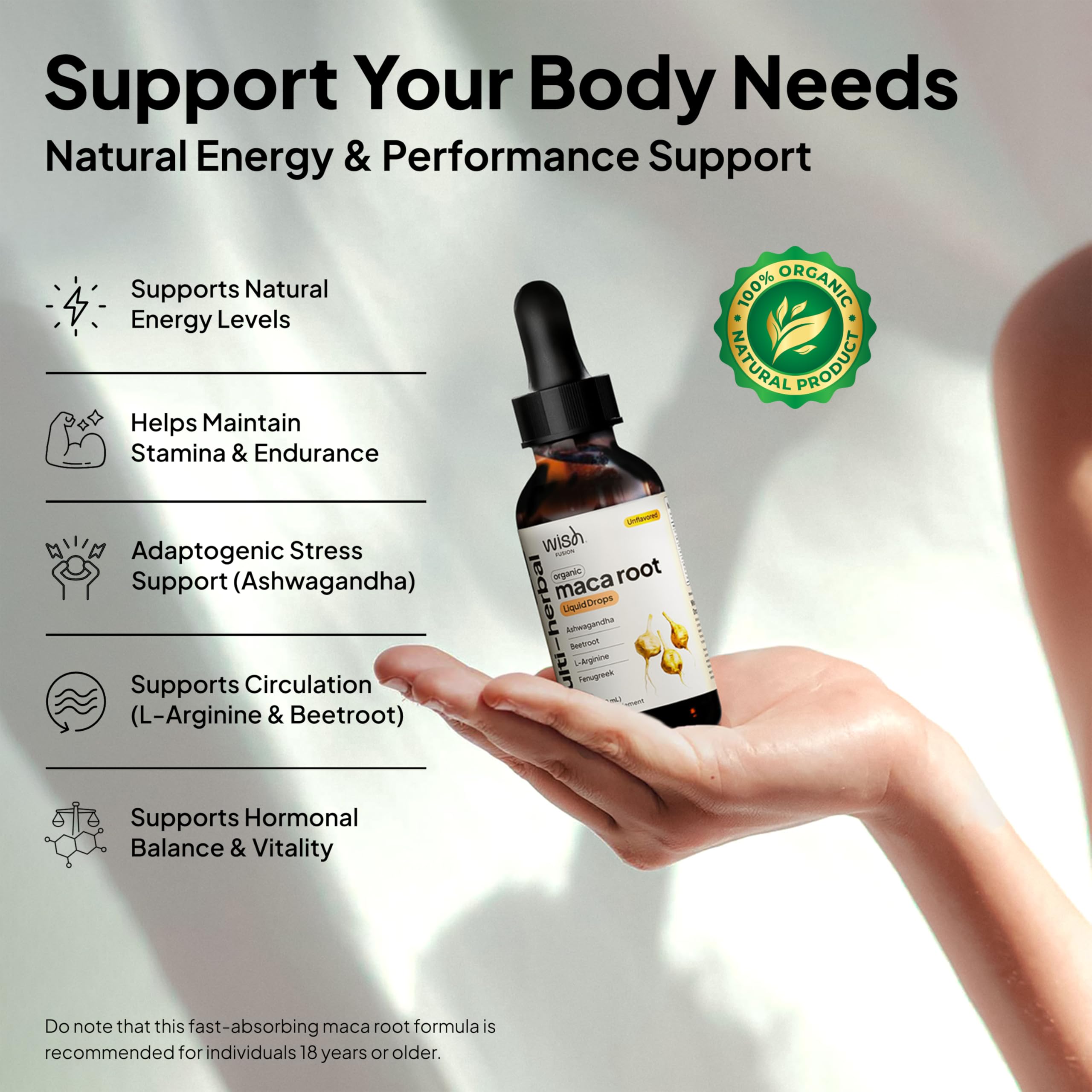 Close-up of Wish Fusion Maca Root Liquid Drops label