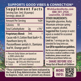 Close-up of WishGarden Liquid Bliss ingredients including organic Cacao and Passionflower