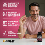 Close-up of X Gold Health Lycopene + Lutein capsules