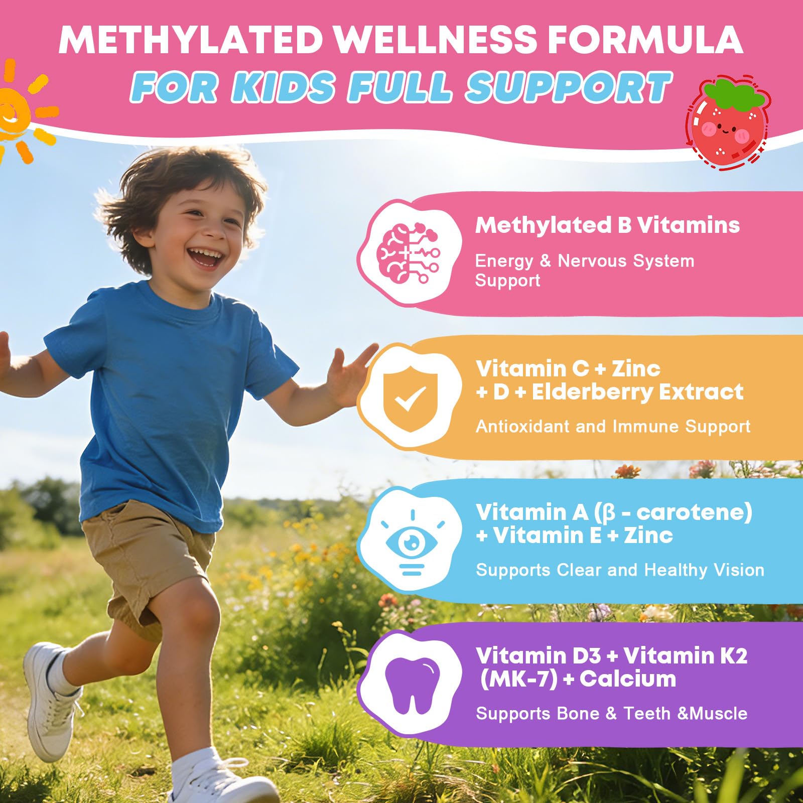 Close-up of YANLUOBO Kids Methylated Multivitamin Gummies strawberry flavour