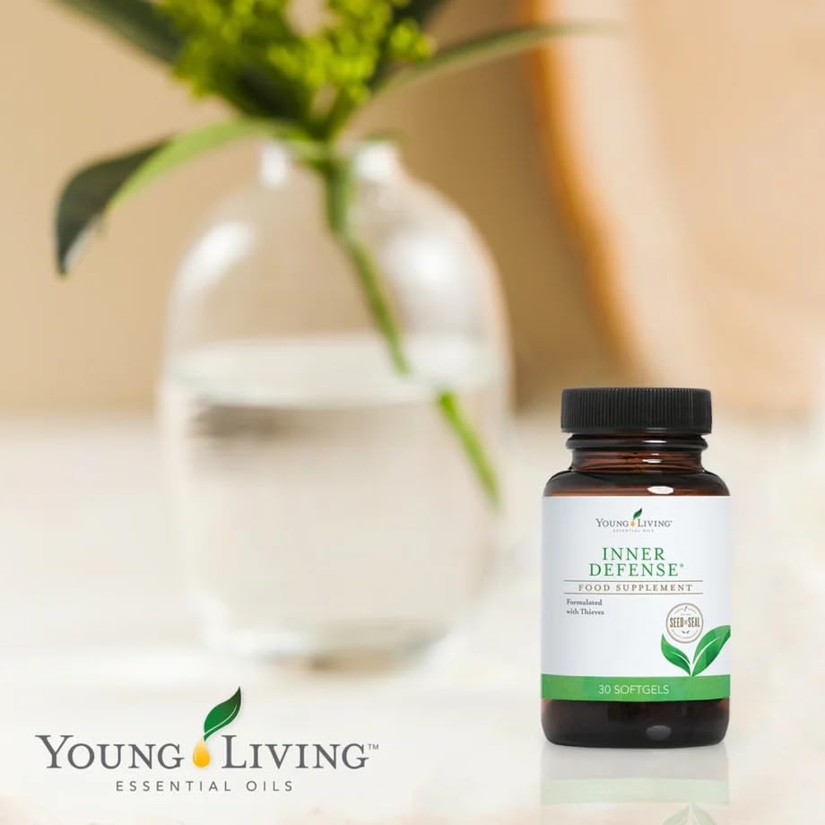 Close-up of Young Living Inner Defense Oregano Softgels showing liquid capsule