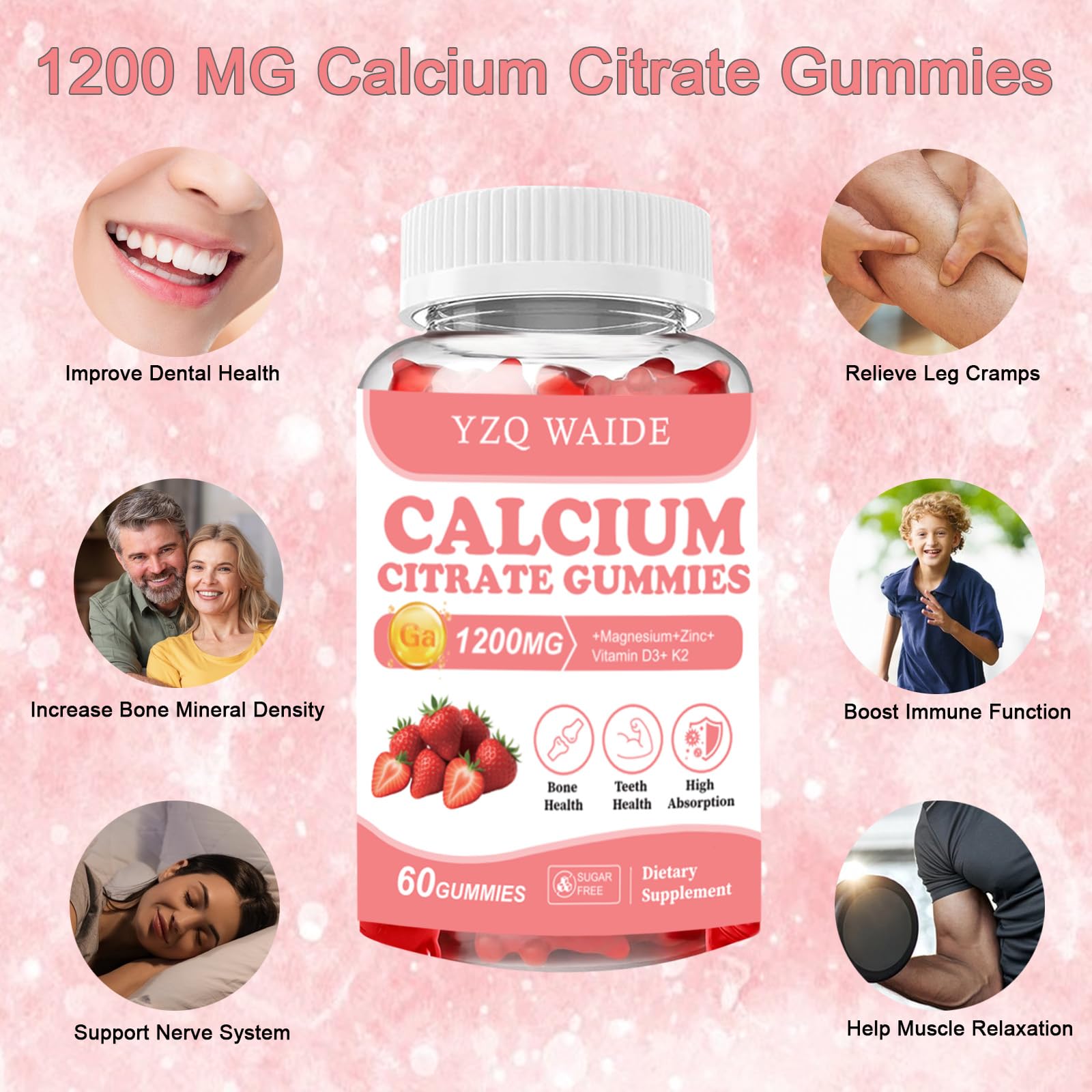 Close-up of YZQ WAIDE Calcium Citrate Gummies strawberry flavour