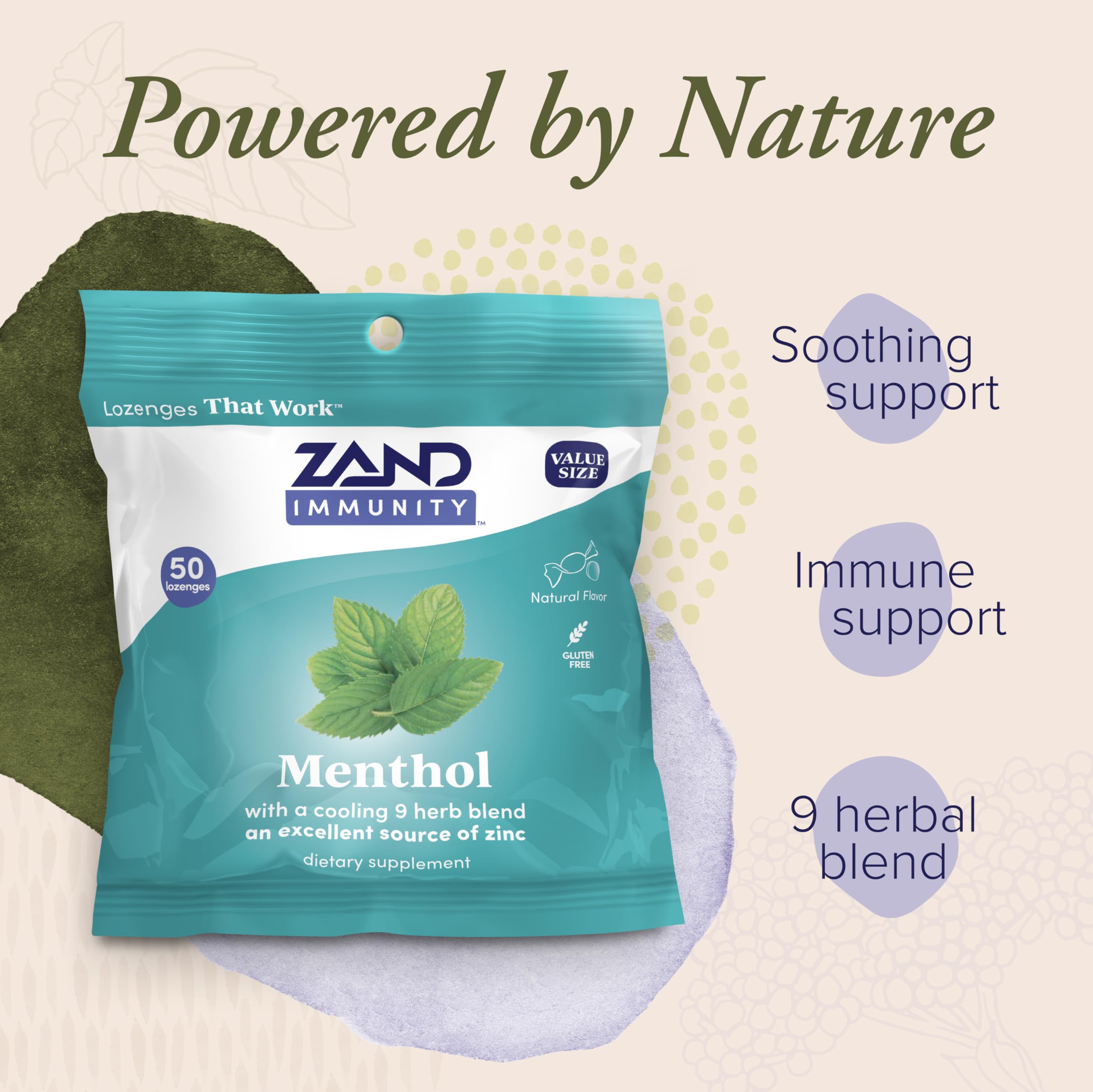 Close-up of ZAND daily wellness Menthol Lozenges with zinc ingredients
