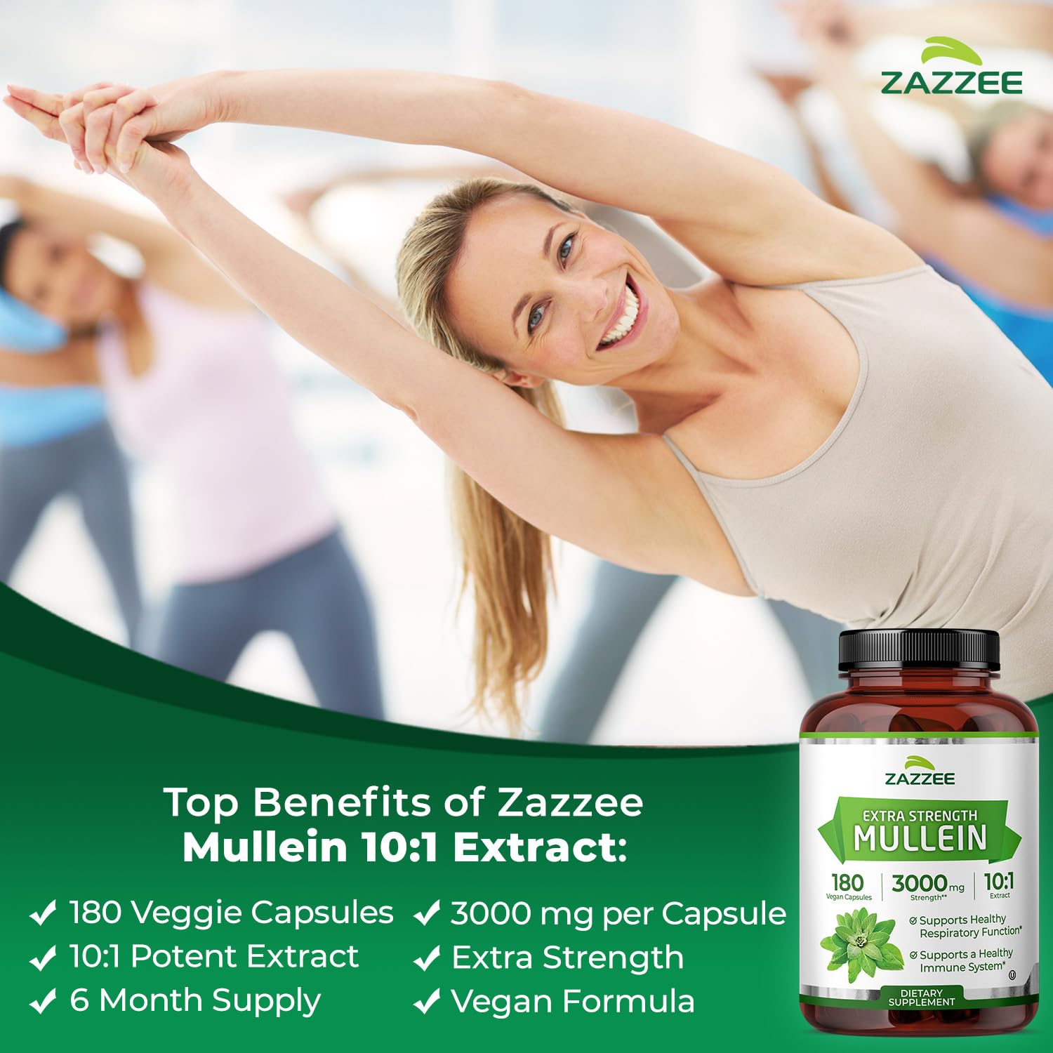 Close-up of Zazzee Extra Strength Mullein Extract capsules
