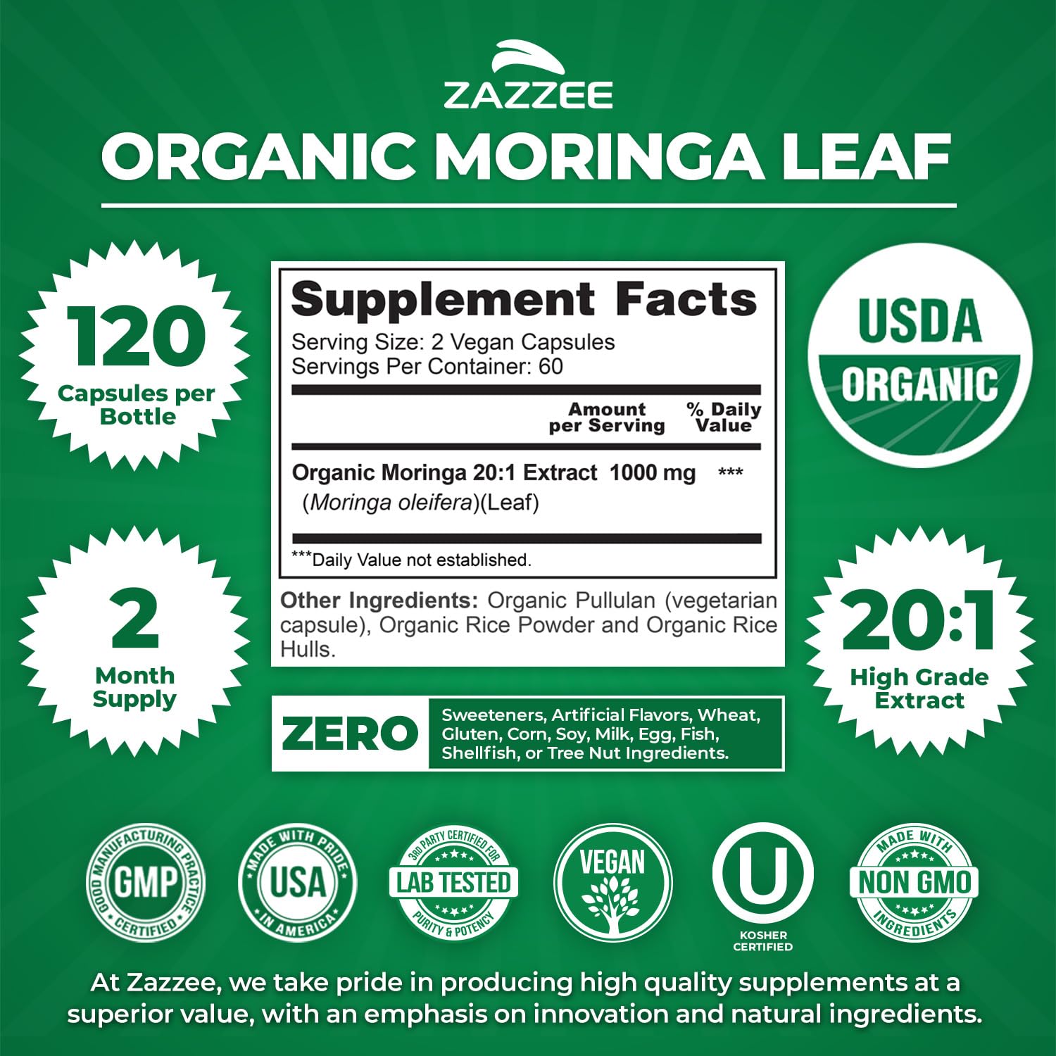 Close-up of Zazzee Organic Moringa Extract capsules