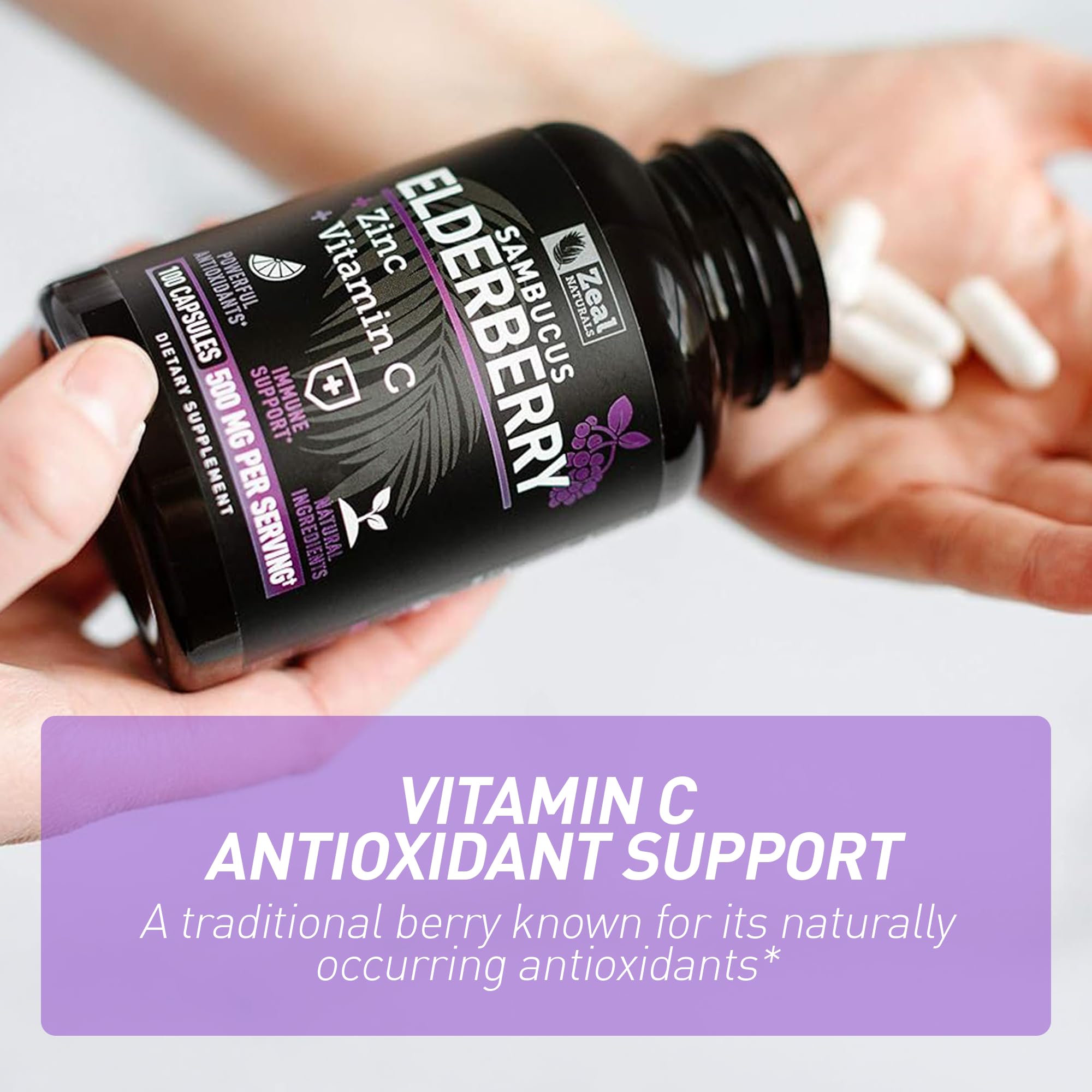 Close-up of Zeal Naturals Elderberry capsules in a hand