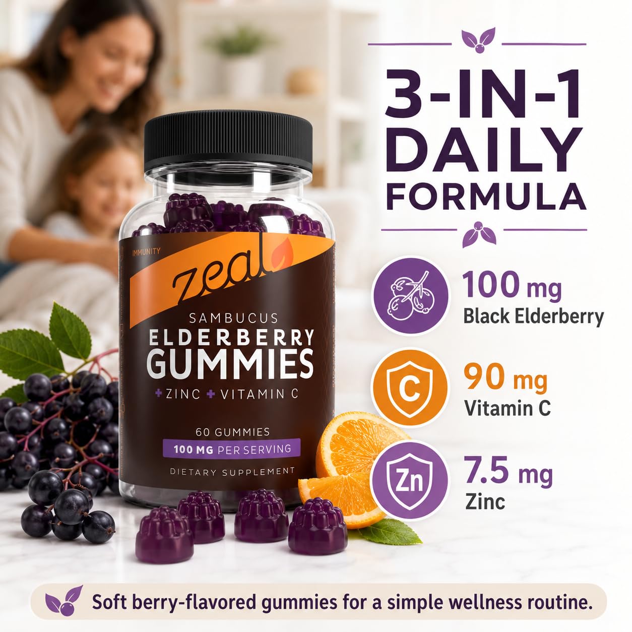 Close-up of Zeal Naturals Elderberry Gummies showing berry flavour