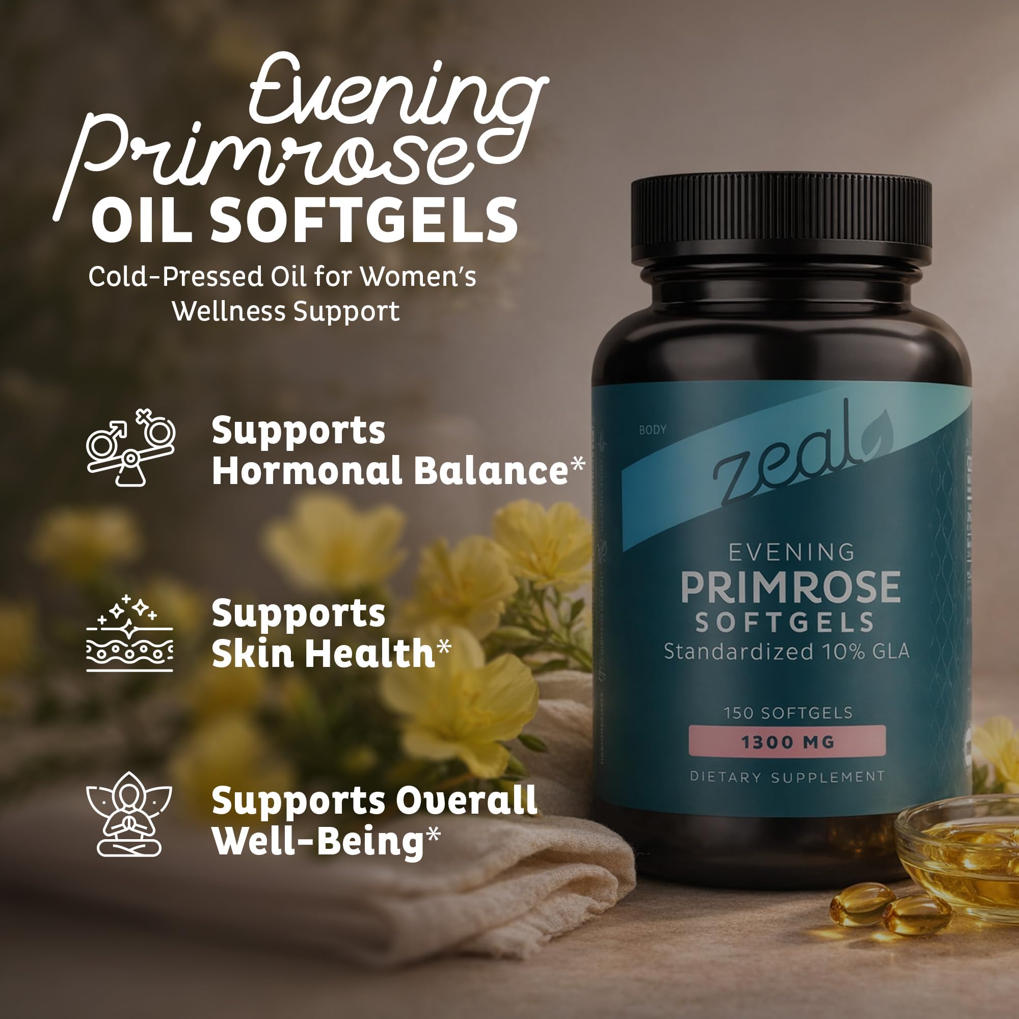 Close-up of Zeal Naturals Evening Primrose Oil softgel