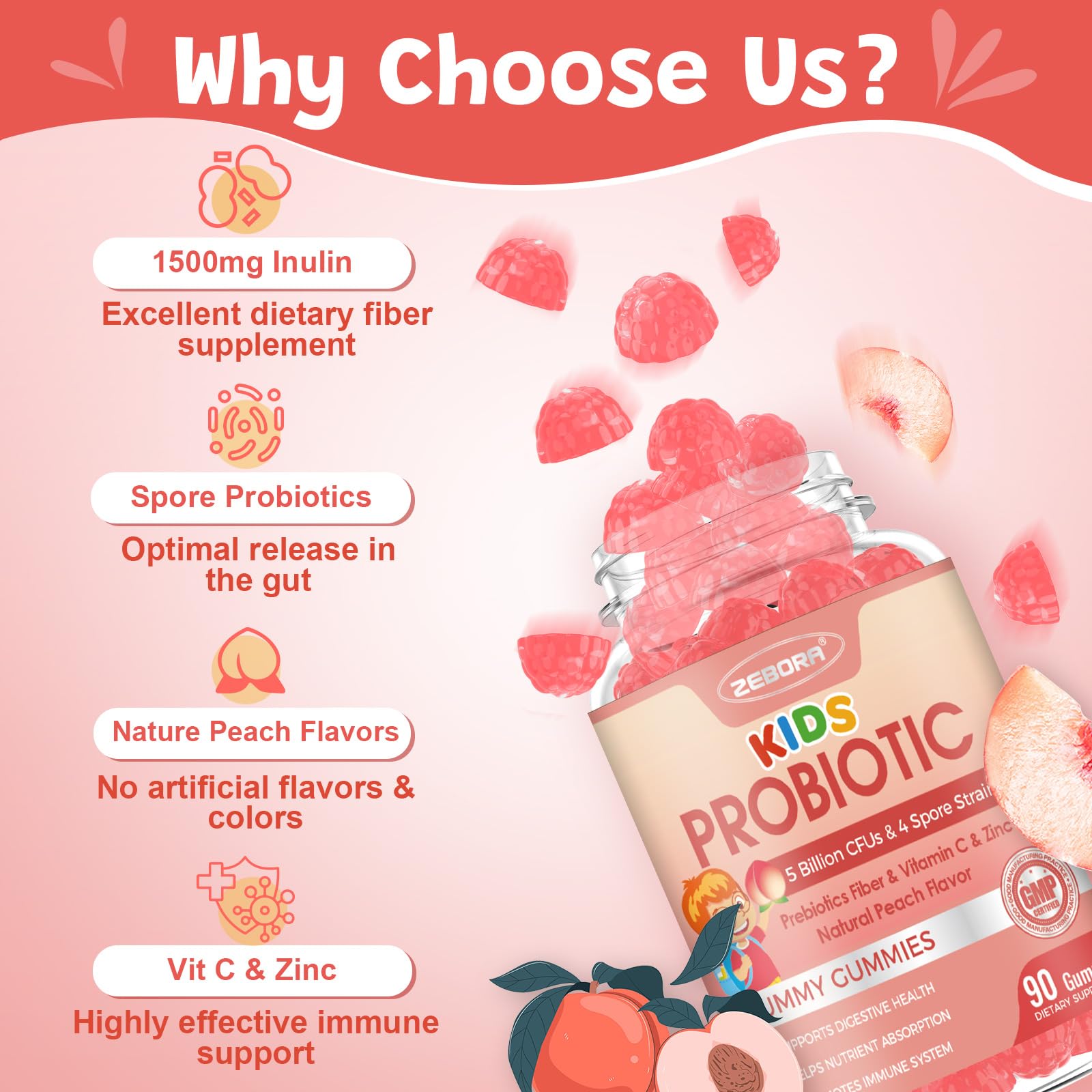 Close-up of ZEBORA Kids Probiotics Gummies showing texture