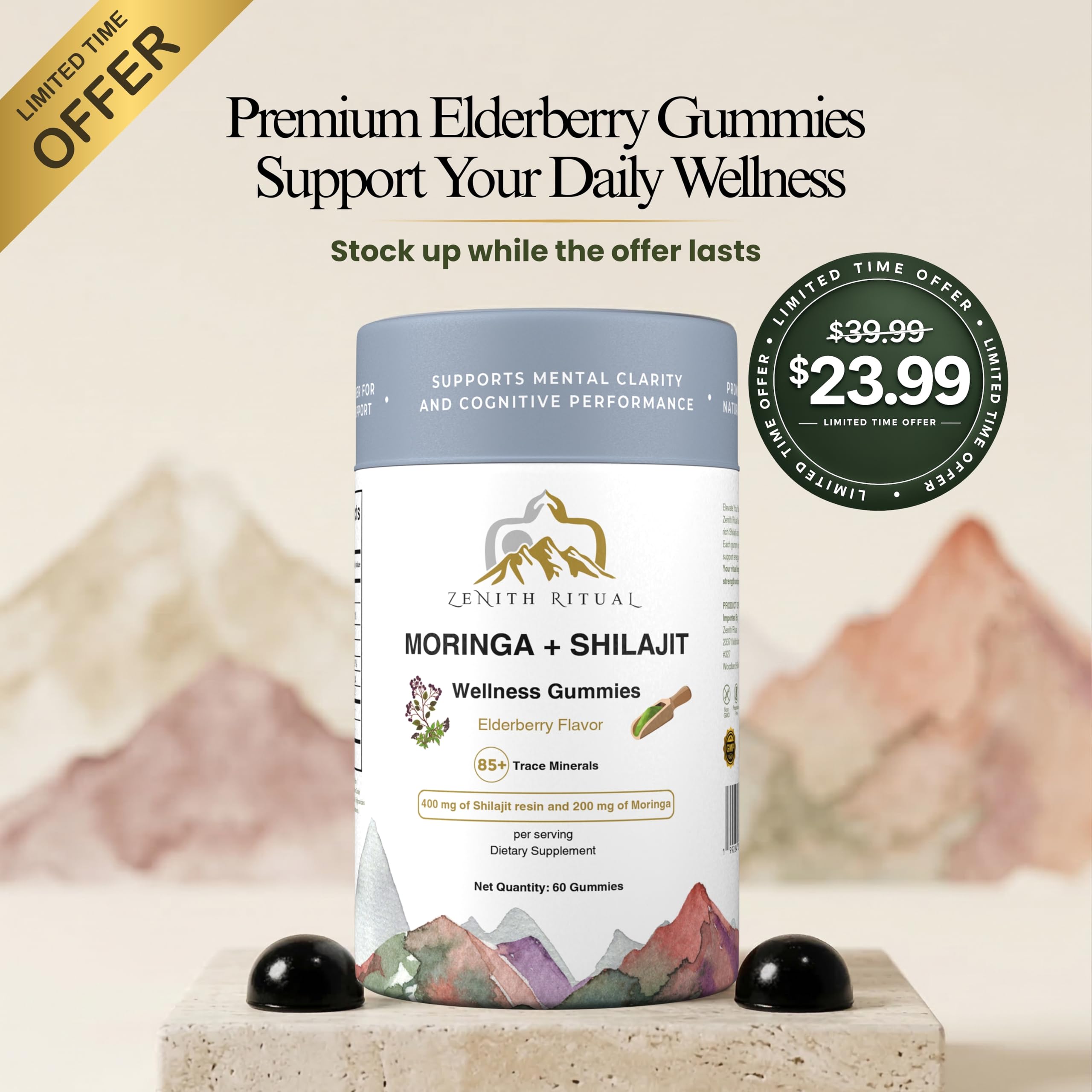 Close-up of ZENITH RITUAL Shilajit Gummies with Moringa