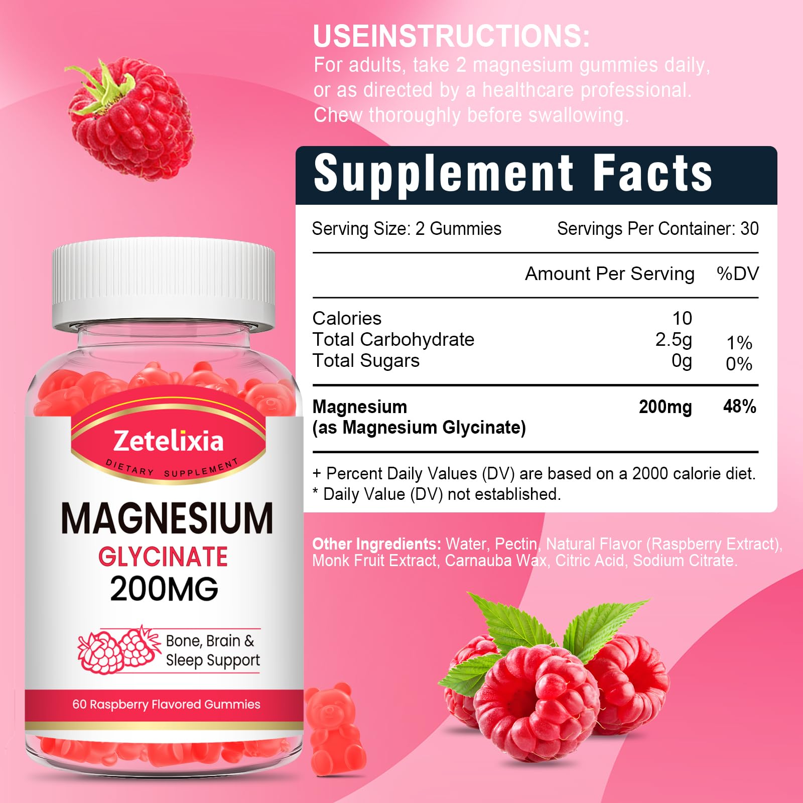 Close-up of Zetelixia Magnesium Glycinate Gummies showing raspberry gummies