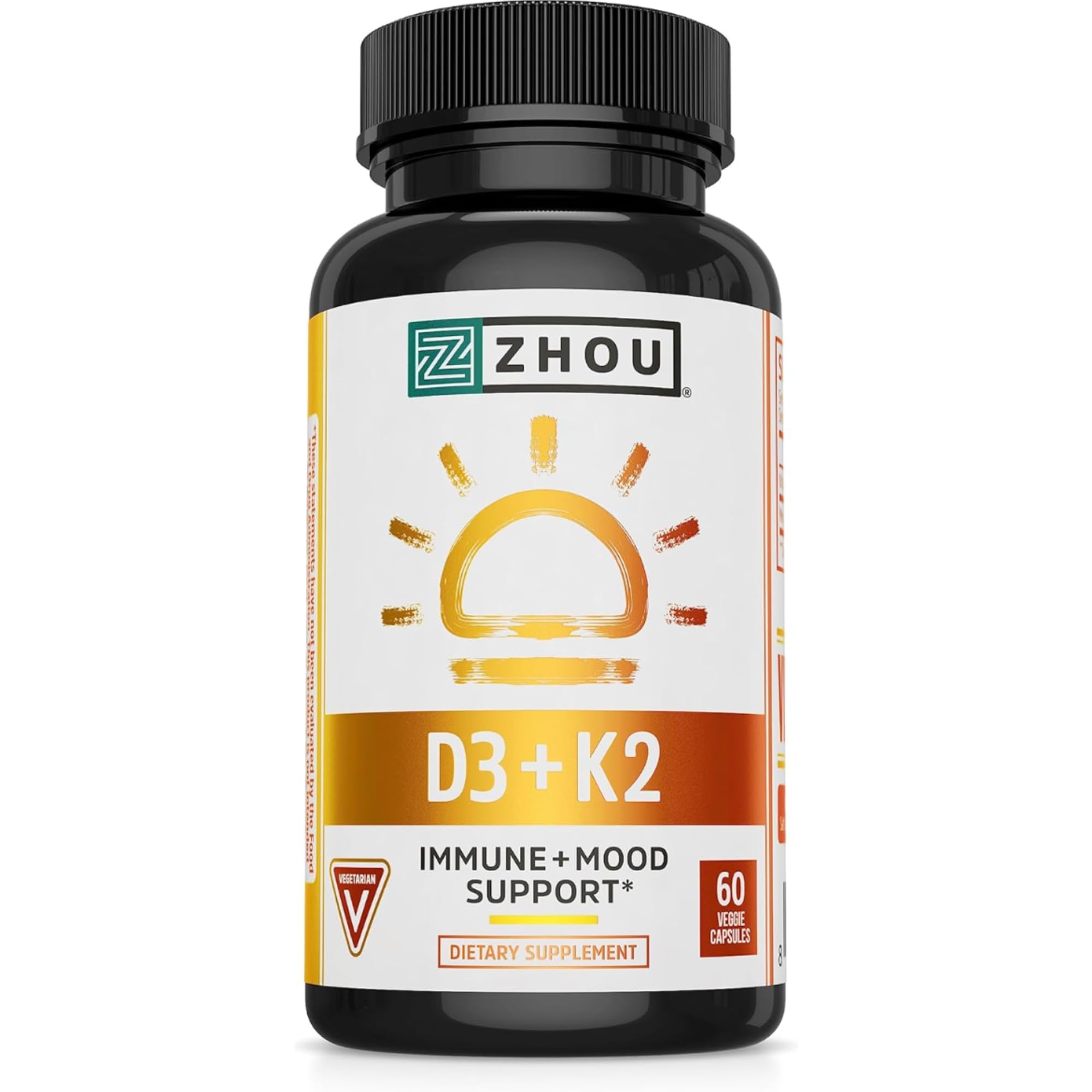 Close-up of ZHOU Vitamin D3 and K2 capsules