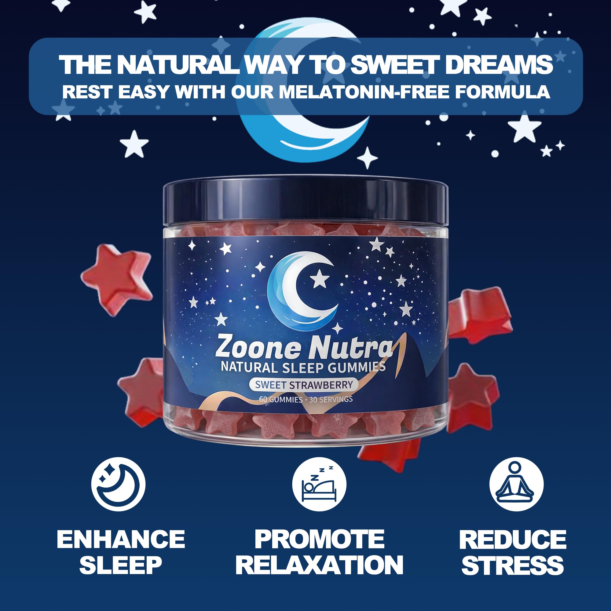 Close-up of Zoone Nutra Sleep Gummies showing sweet strawberry flavour