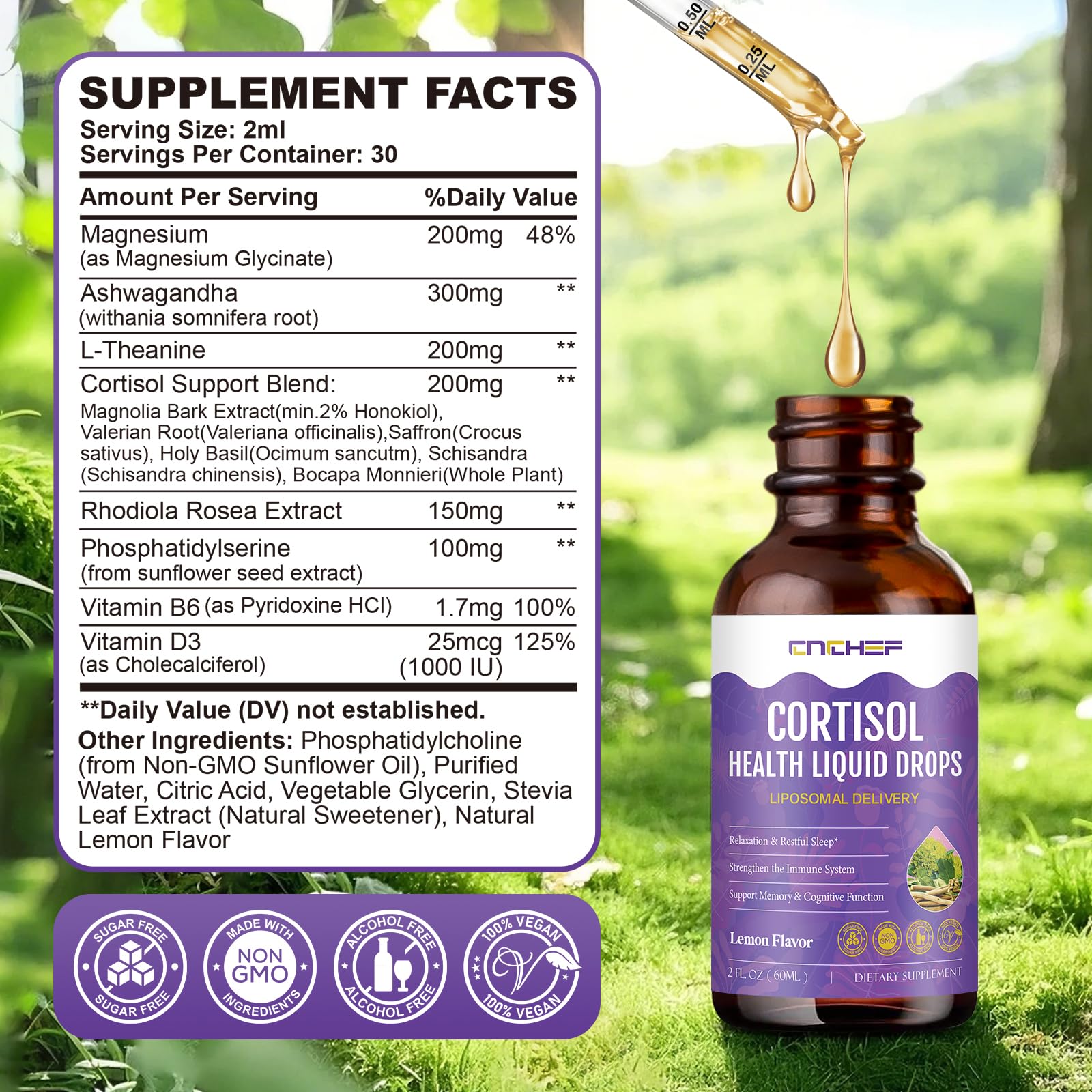CNCHEF Cortisol Supplement Liquid Drops 2 Fl Oz back view
