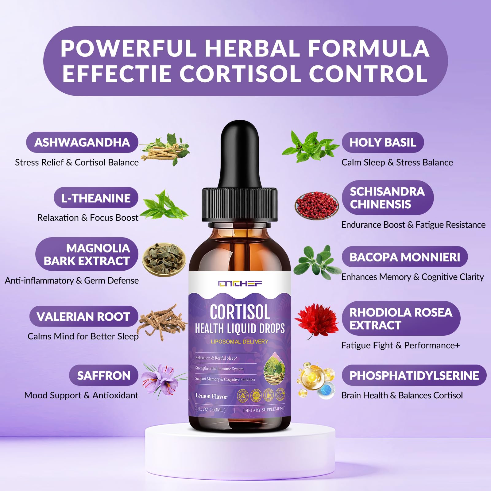 CNCHEF Cortisol Supplement Liquid Drops 2 Fl Oz bottle with dropper