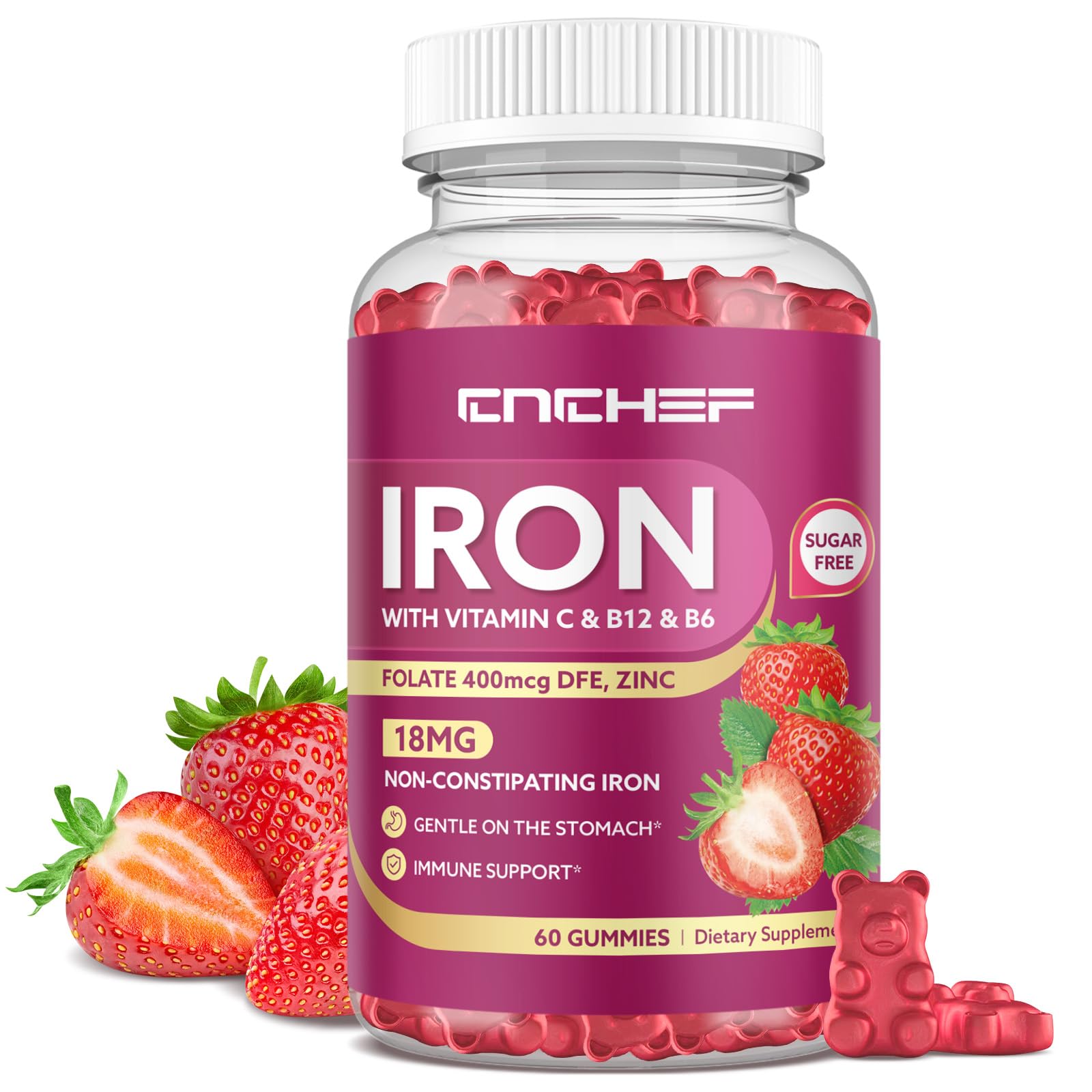 CNCHEF Iron Gummies front view with bear shape and strawberry flavour