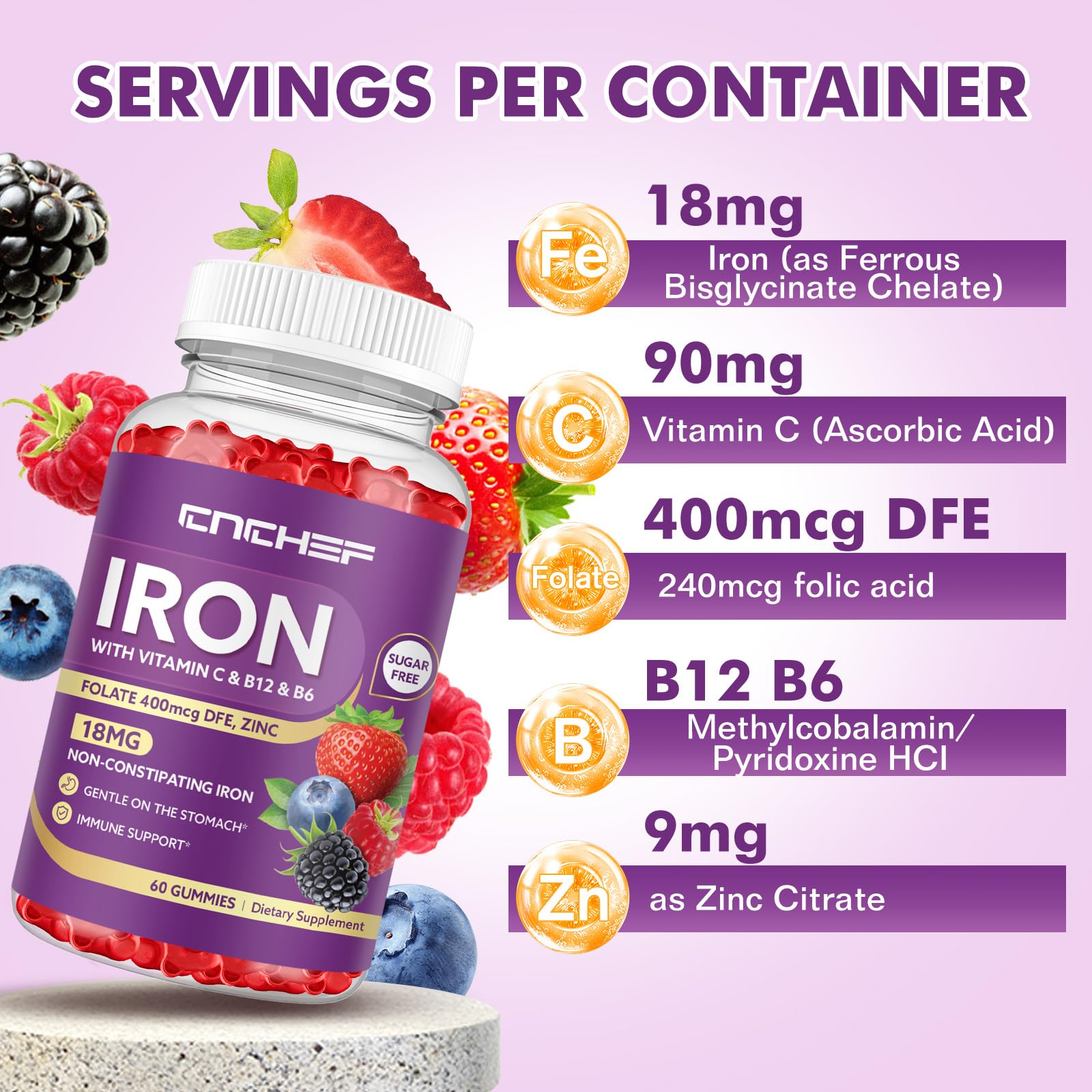 CNCHEF Iron Gummies side view with nutritional information