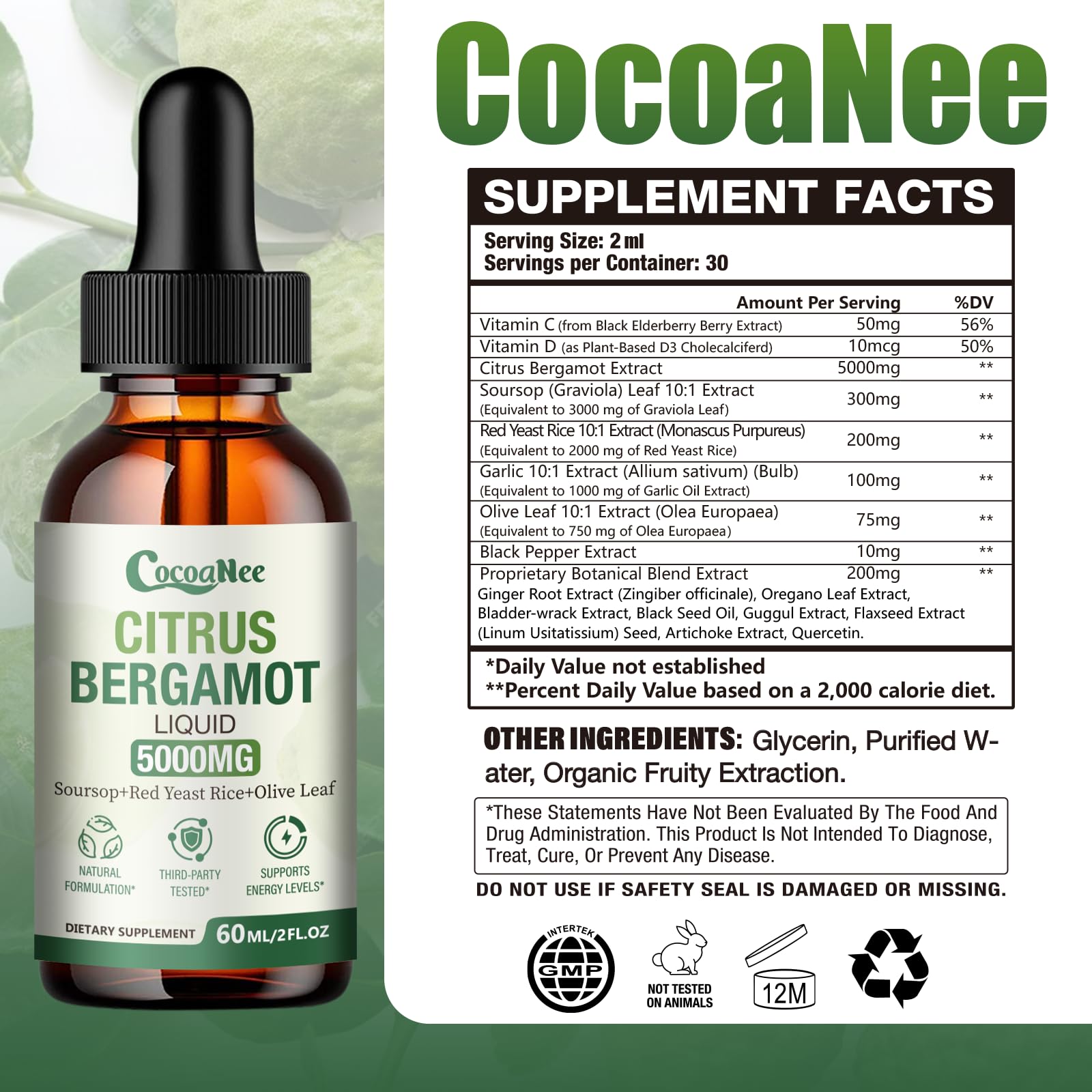 CocoaNee Citrus Bergamot Extract 25:1 Liquid Drops bottle back view