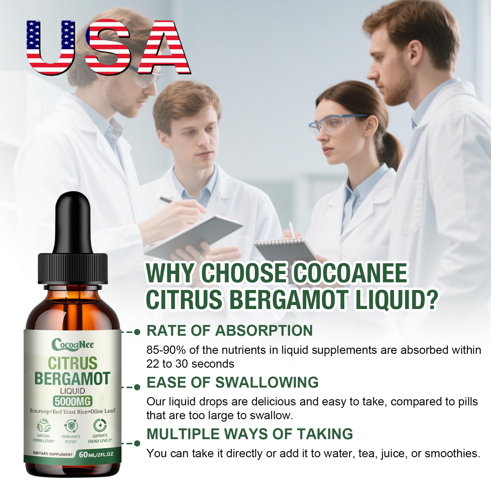 CocoaNee Citrus Bergamot Extract 25:1 Liquid Drops with fresh bergamot fruit