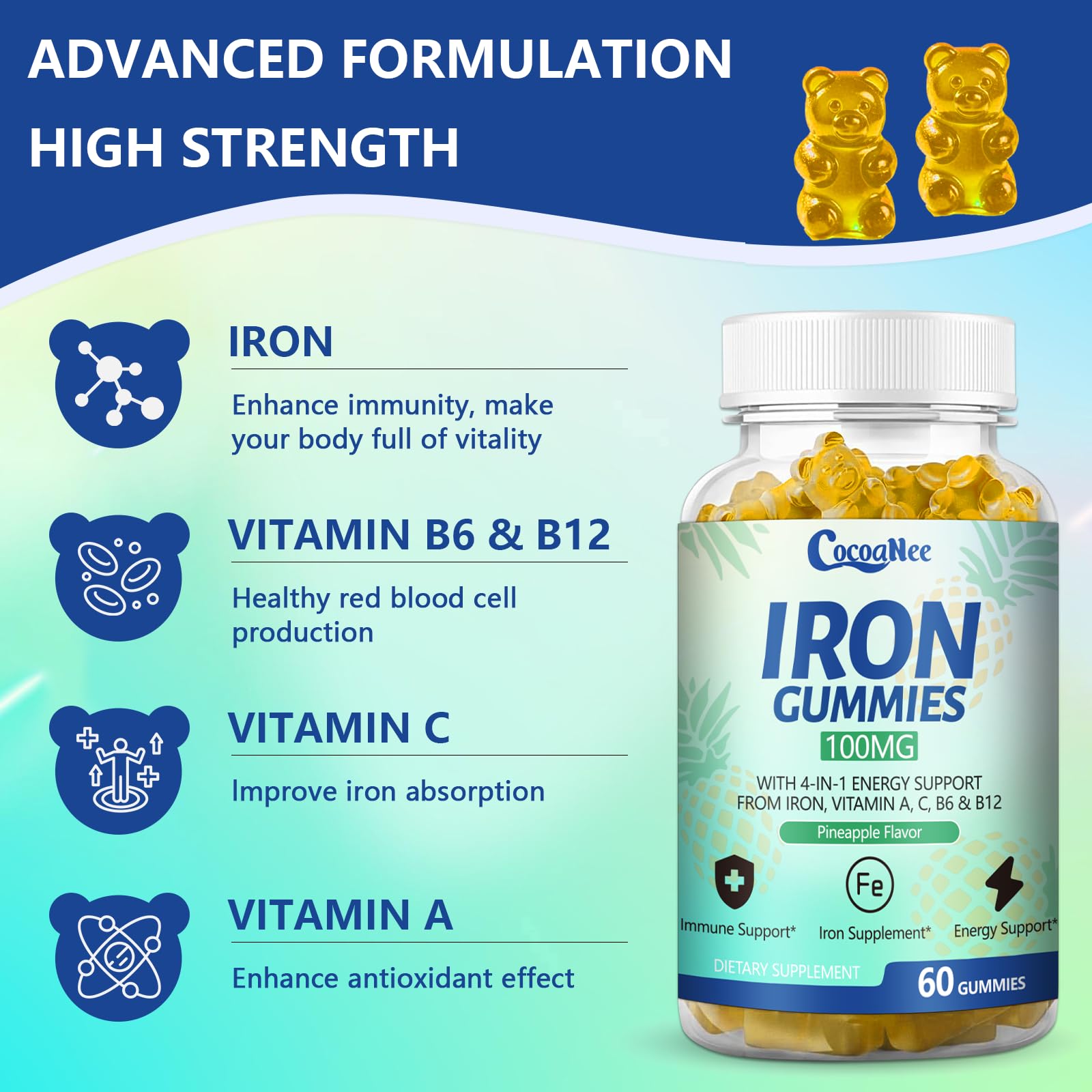 CocoaNee Iron Gummies side view with nutritional information
