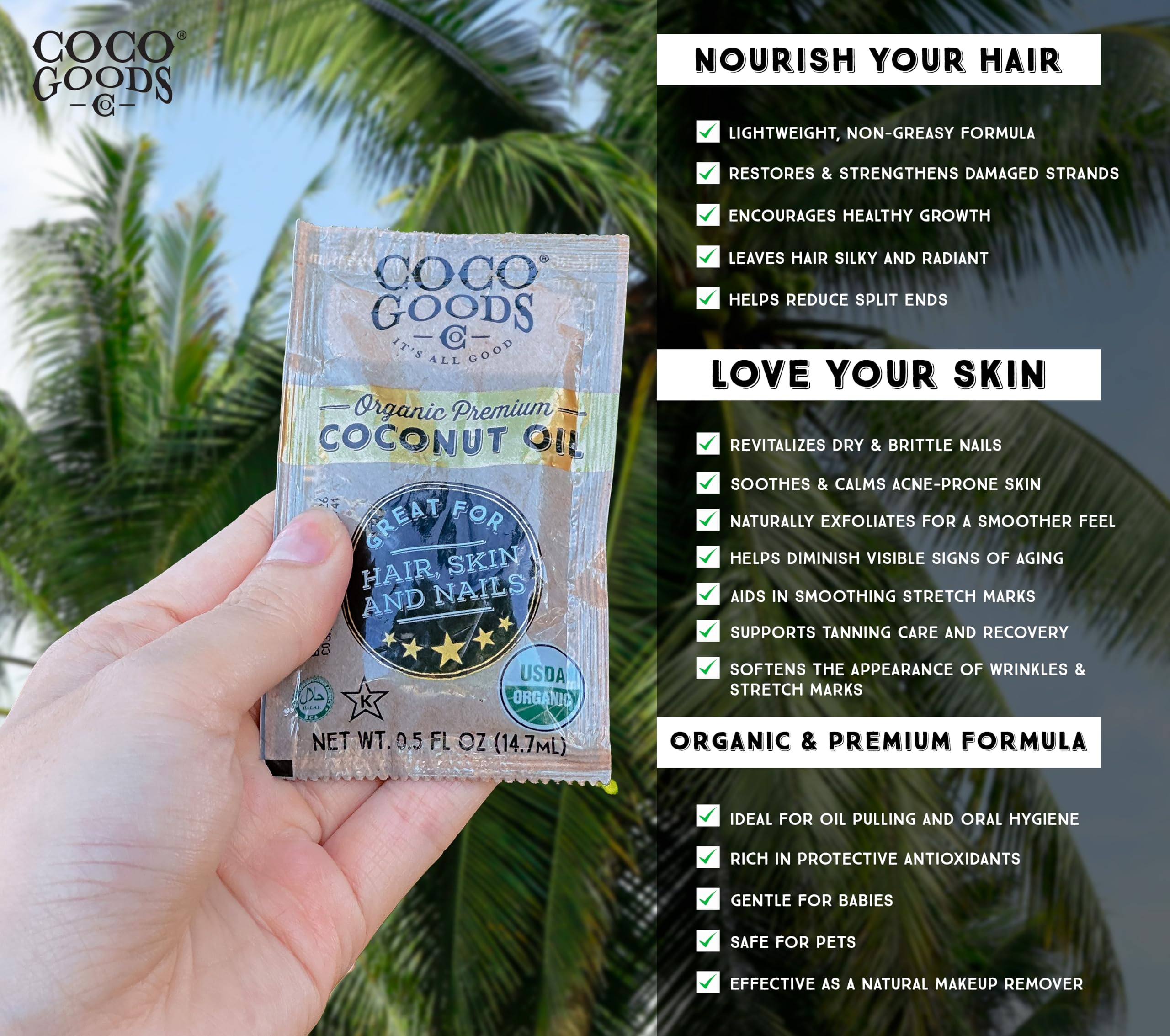COCOGOODSCO Coconut Oil Travel Pack back view with ingredient list