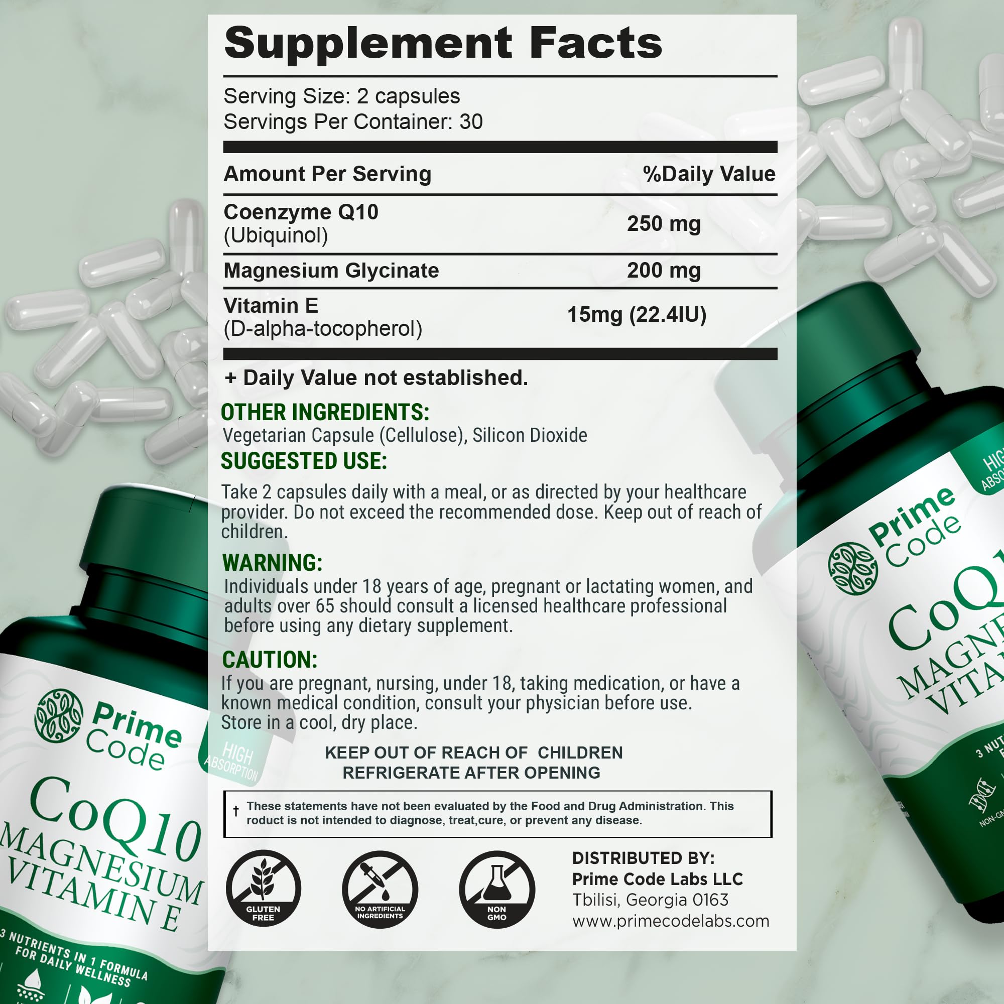 Code CoQ10 Supplement bottle side view