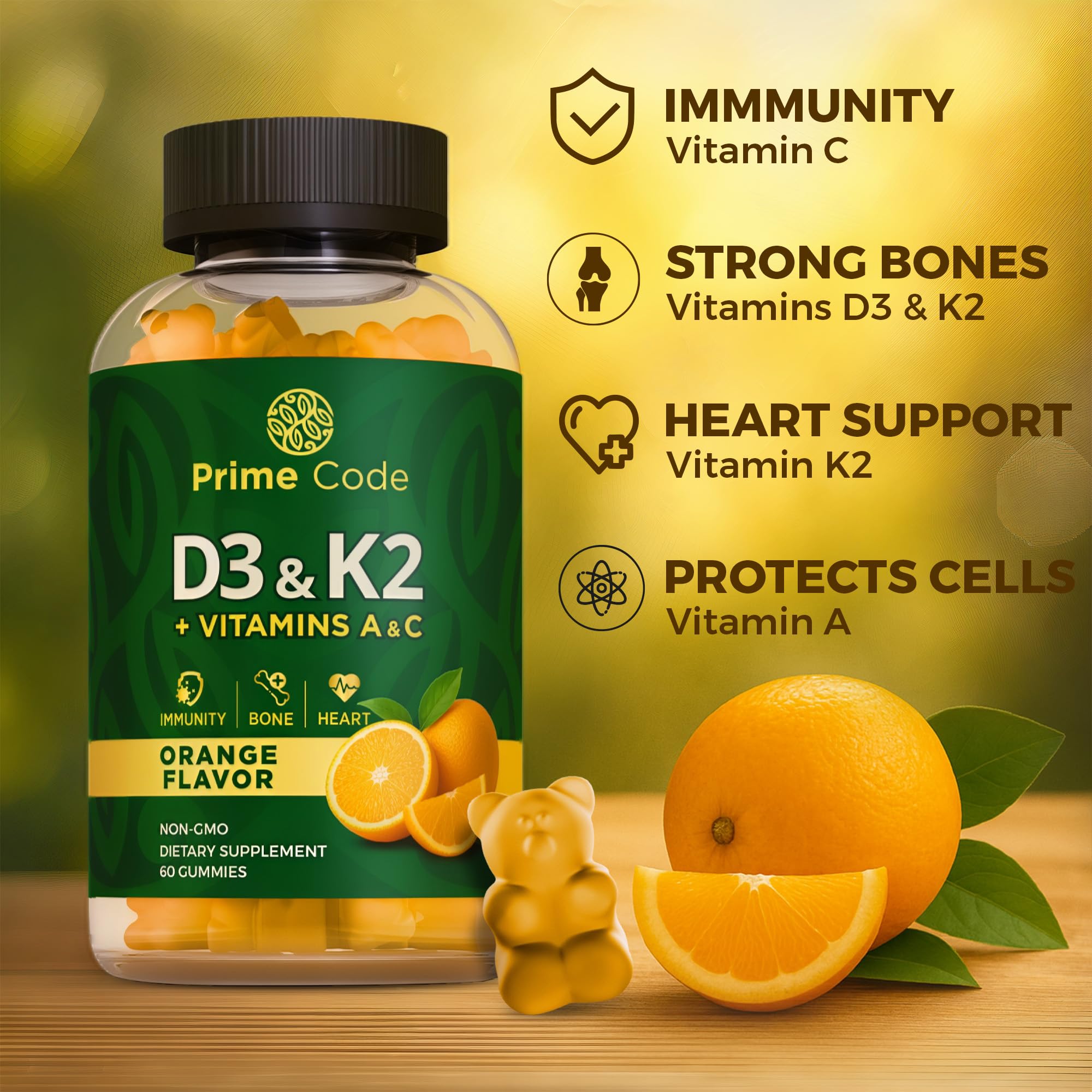 Code Vitamin D3 + K2 Gummies bottle on a wooden table
