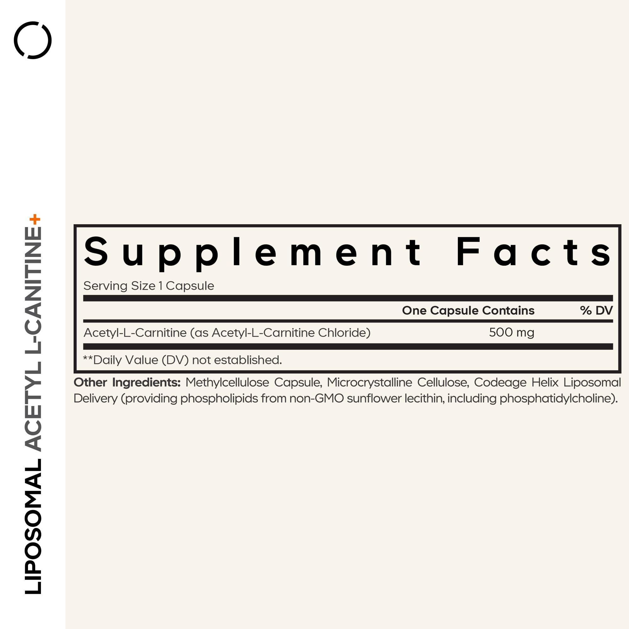 Codeage Acetyl-L-Carnitine 500mg Liposomal Capsules bottle side view