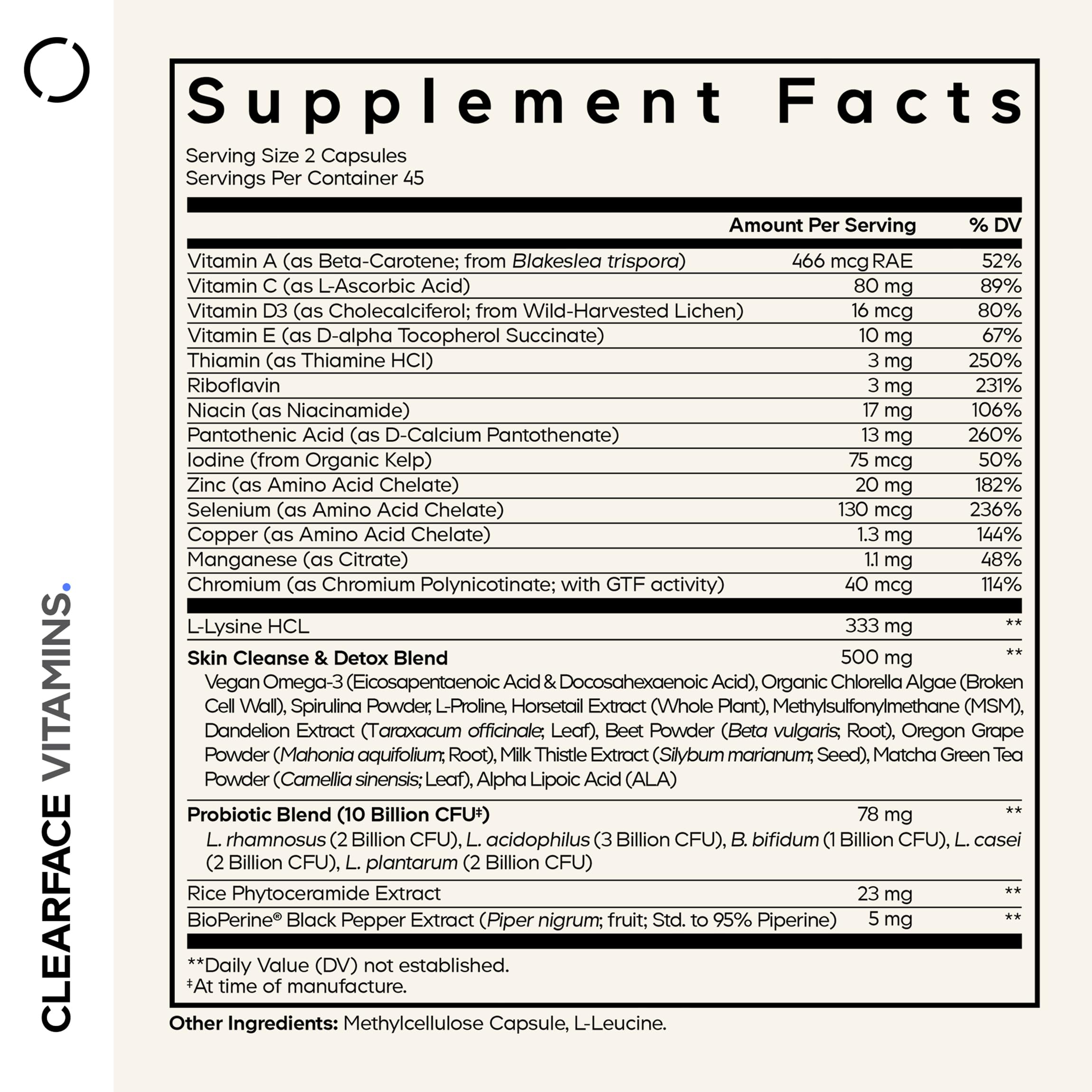 Codeage Clearface Vitamins+ side view showing supplement facts