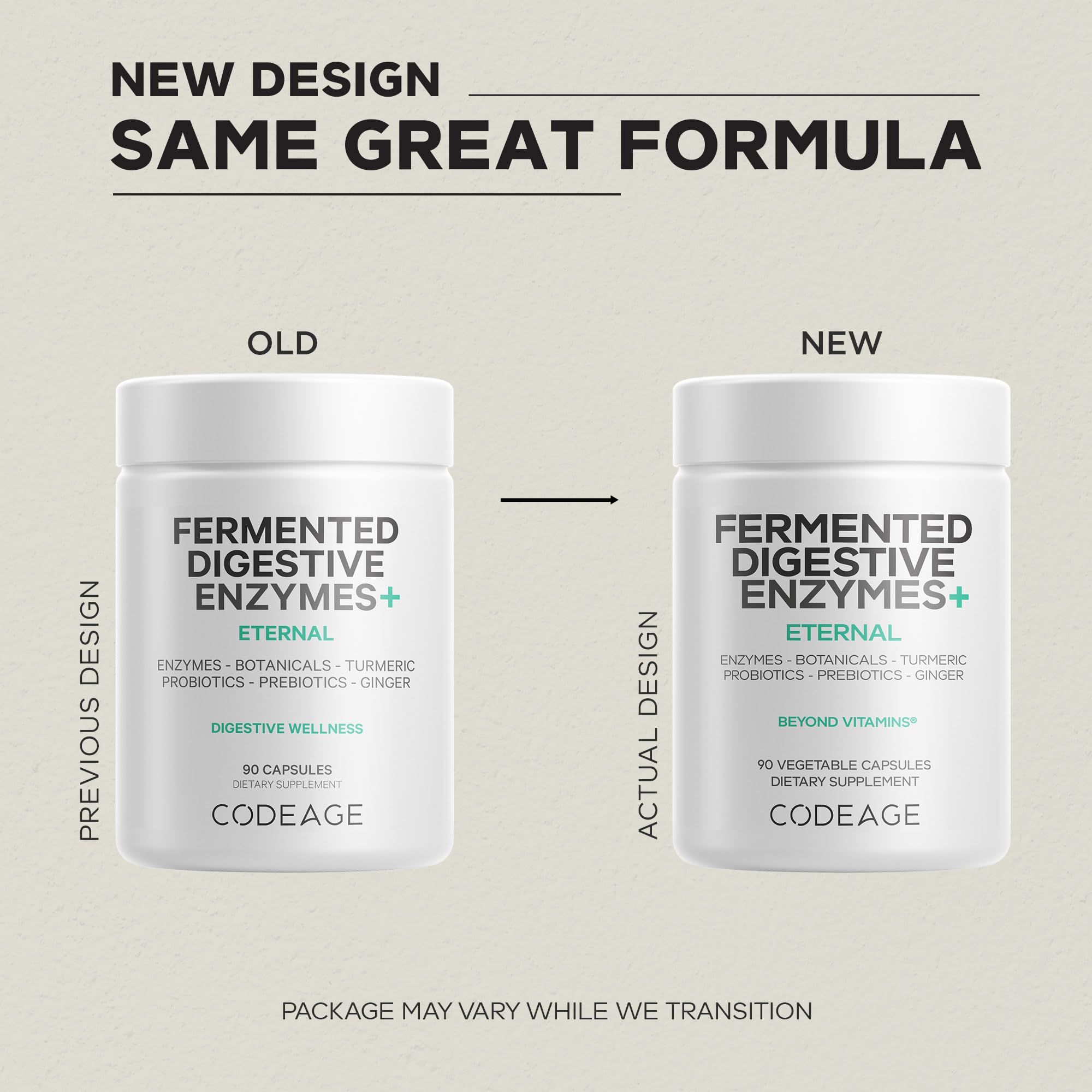 Codeage Fermented daily Enzymes+ capsules on a wooden table