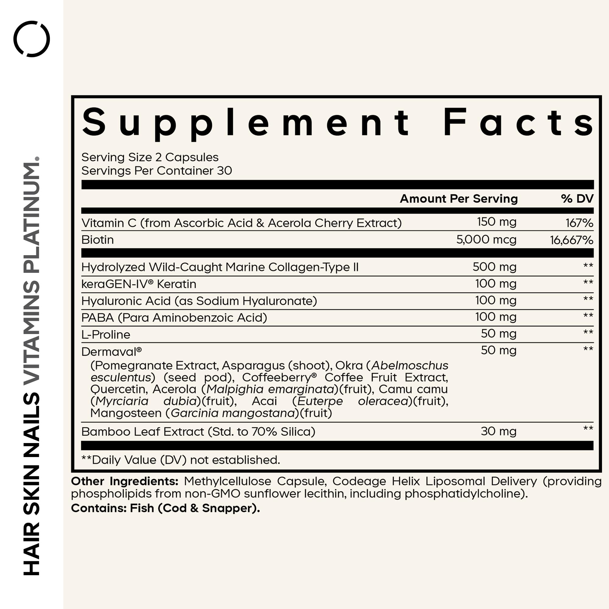 Codeage Hair Skin Nails Platinum supplement capsules on a wooden table