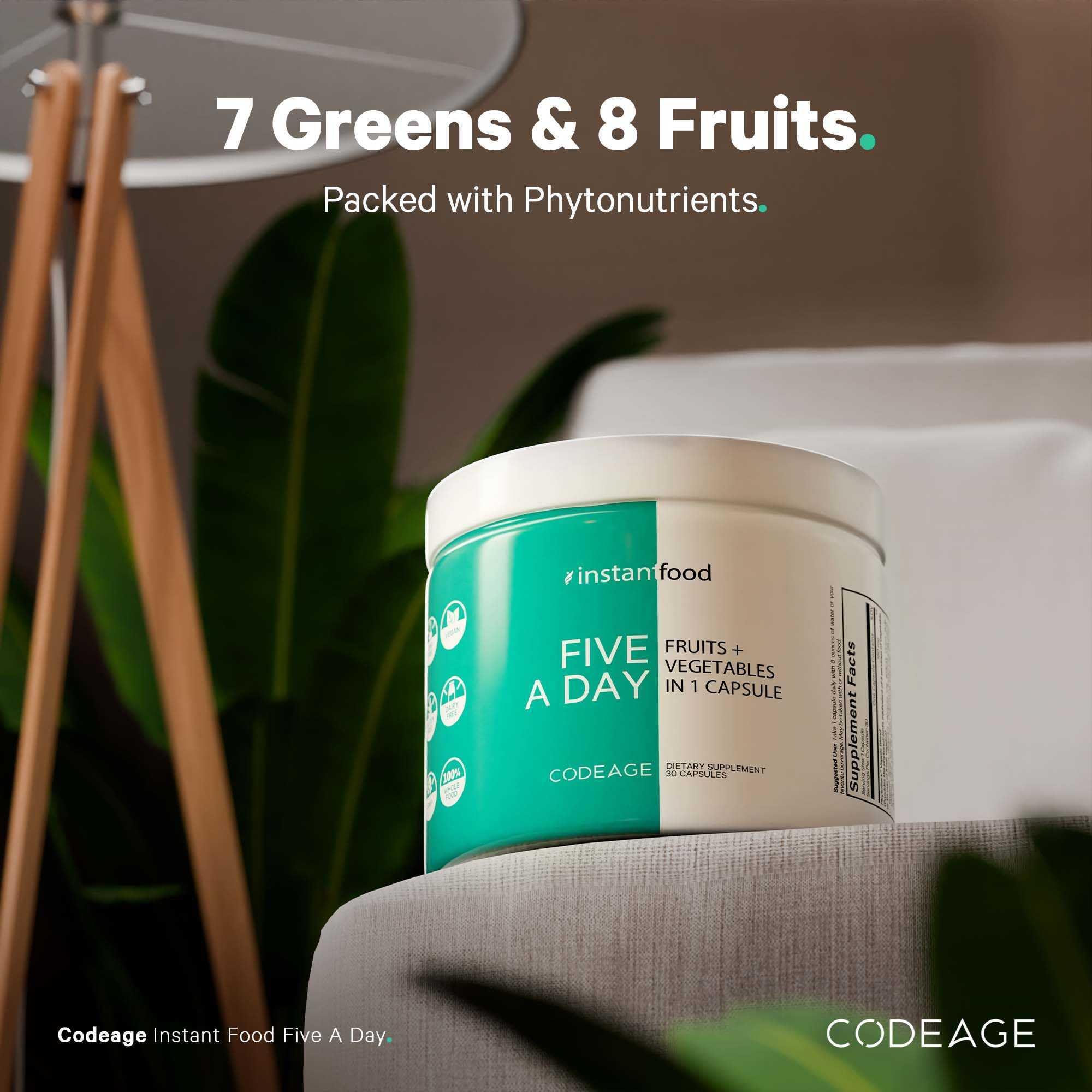 Codeage Instantfood Five A Day capsules on a wooden table