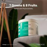 Codeage Instantfood Five A Day capsules on a wooden table