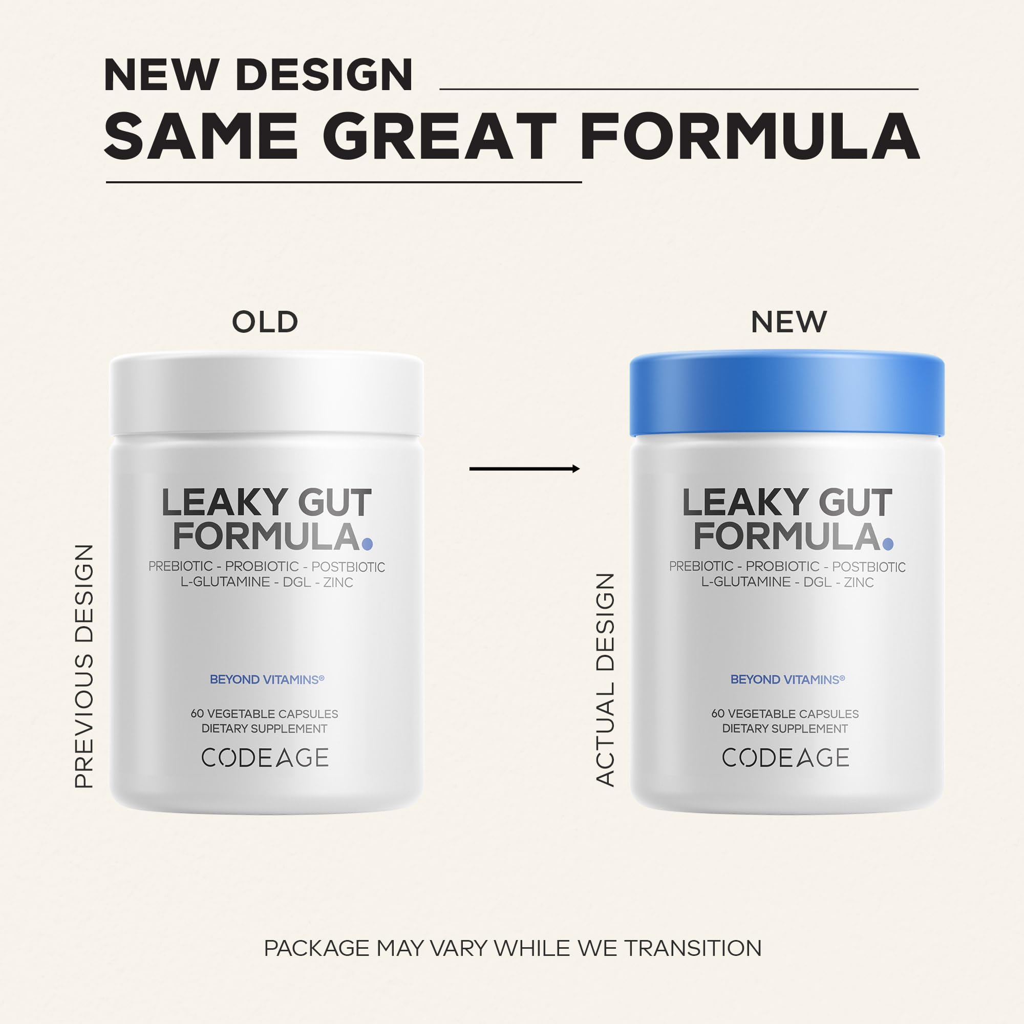 Codeage L-Glutamine Supplement side view with ingredients