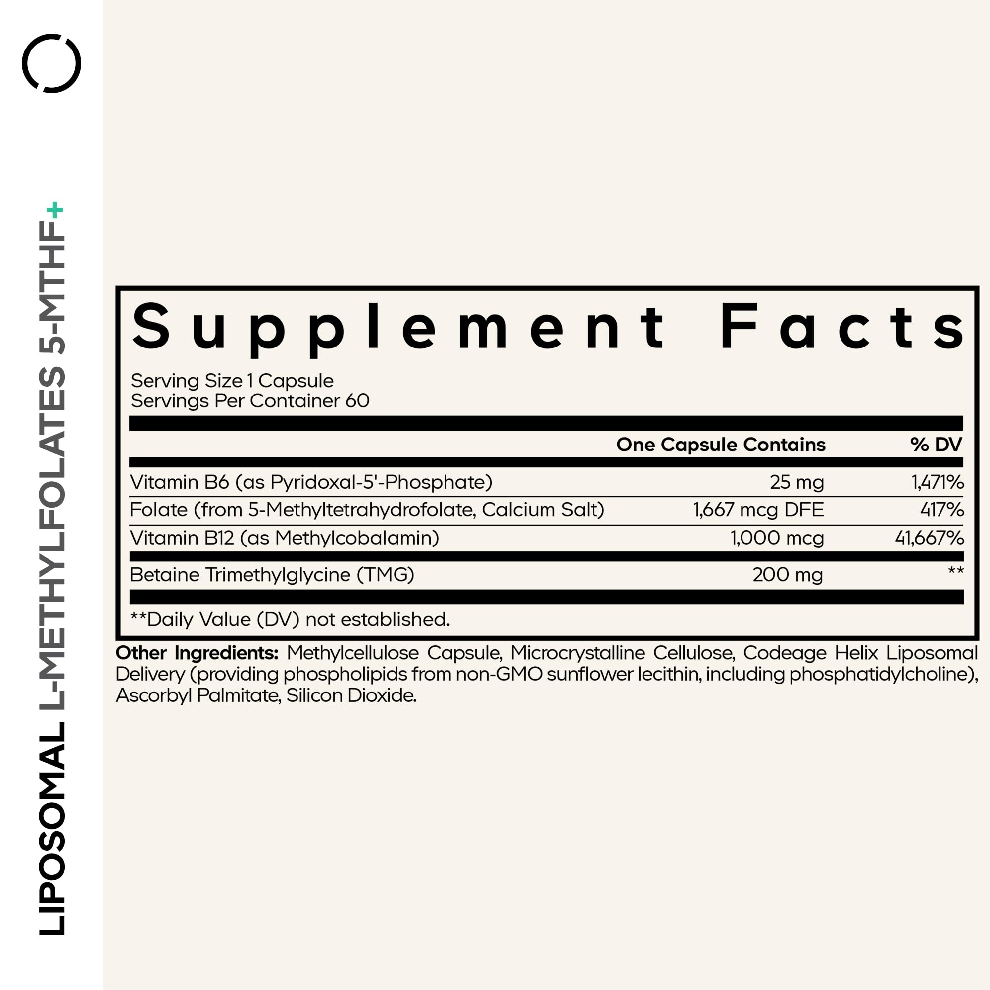 Codeage Liposomal L-Methylfolate 5-MTHF+ supplement bottle side view
