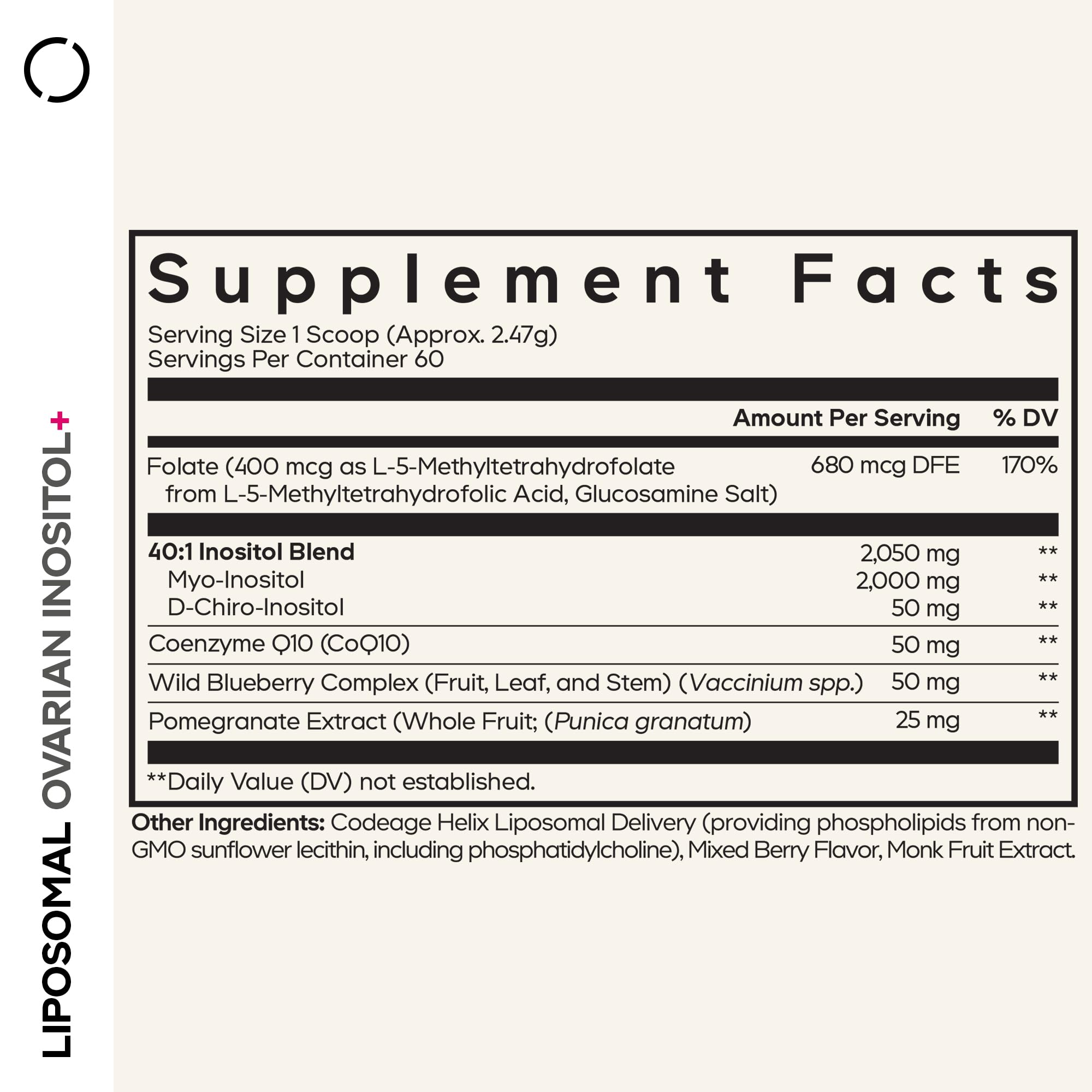 Codeage Liposomal Ovarian Inositol Powder side view showing nutritional information