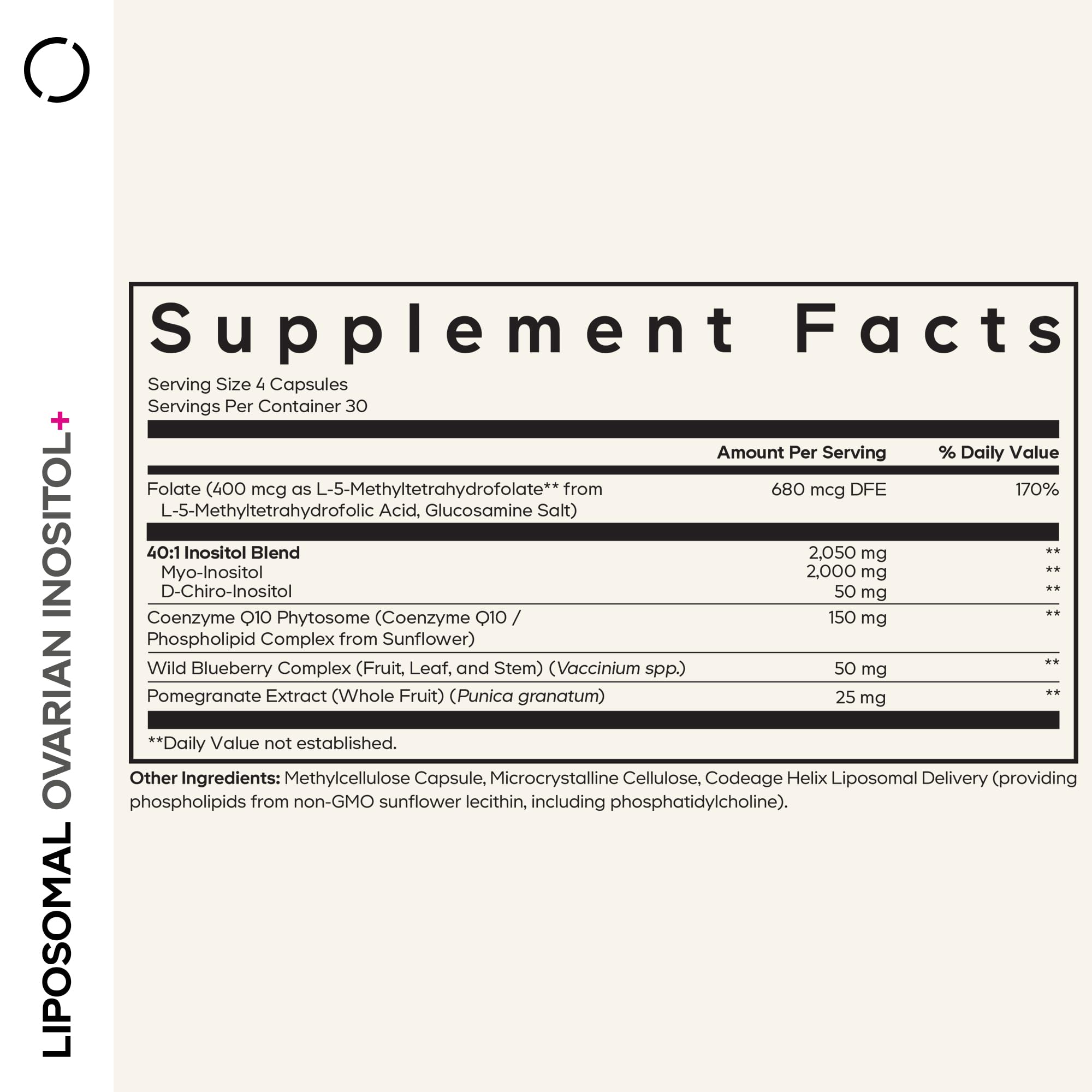 Codeage Liposomal Ovarian Inositol+ supplement side view with label