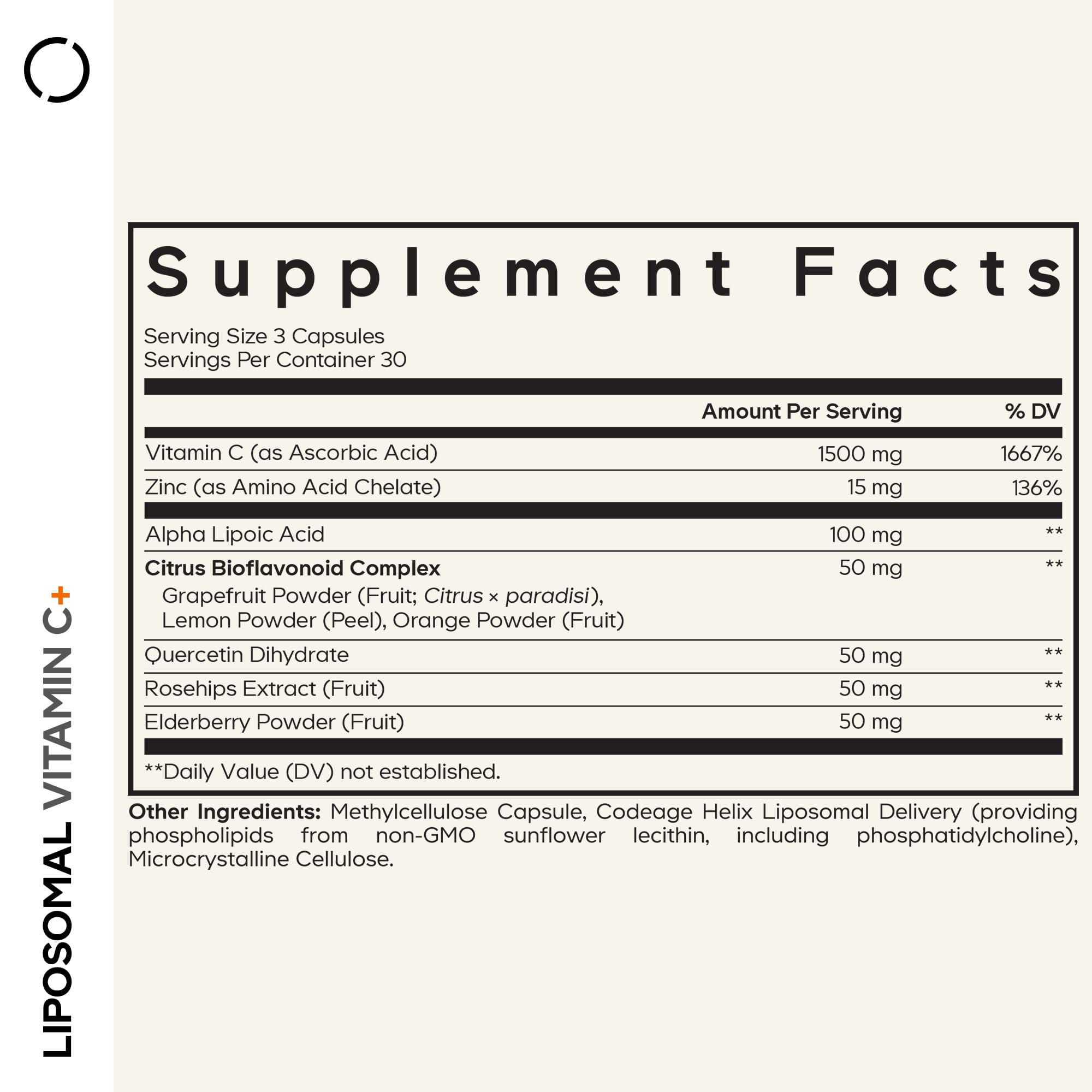 Codeage Liposomal Vitamin C+ 1500mg side view with label