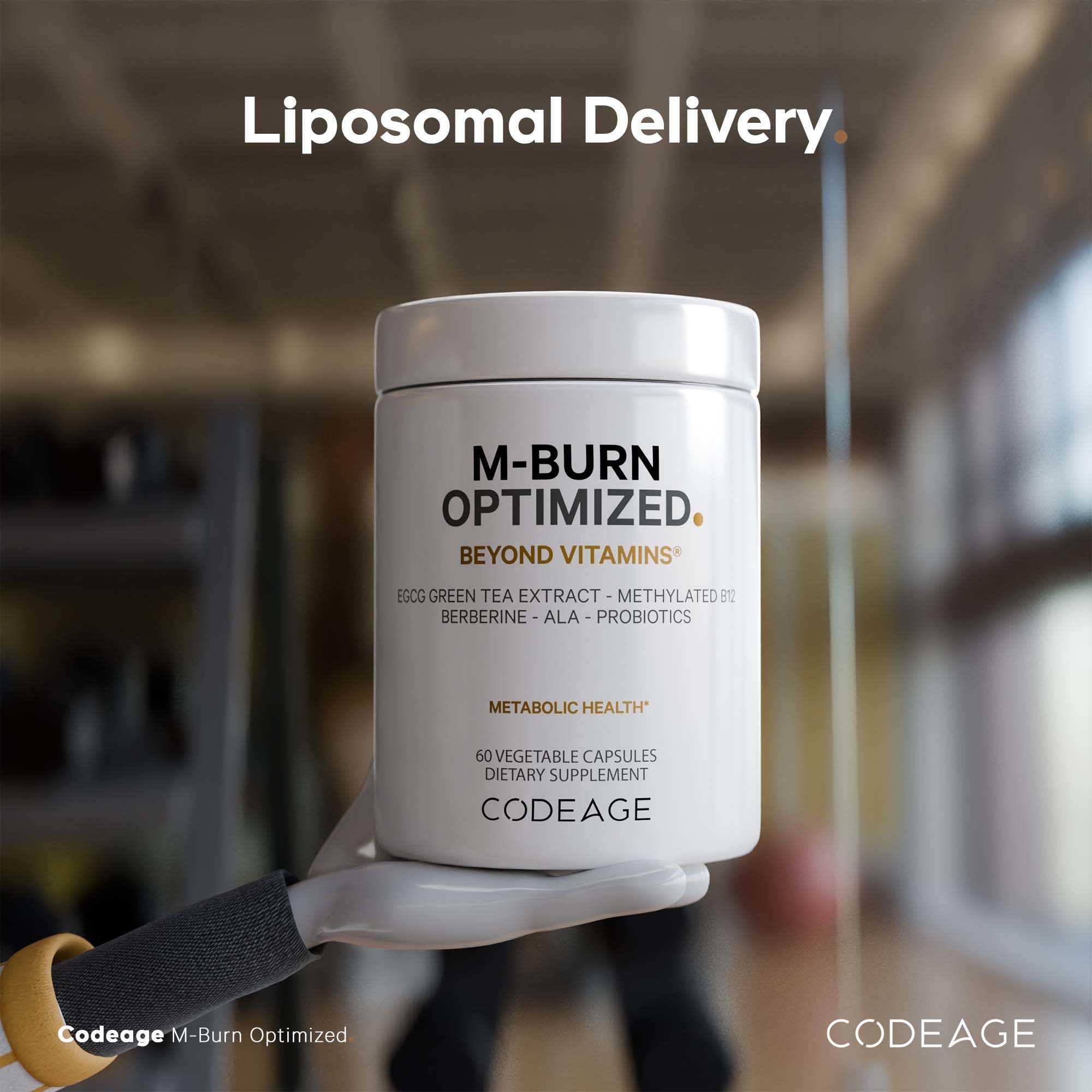Codeage M-Burn Optimized Supplement capsules in a glass