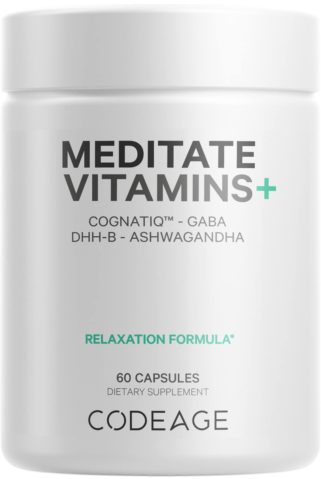 Codeage Meditate Vitamins bottle front view with organic mushrooms and berries