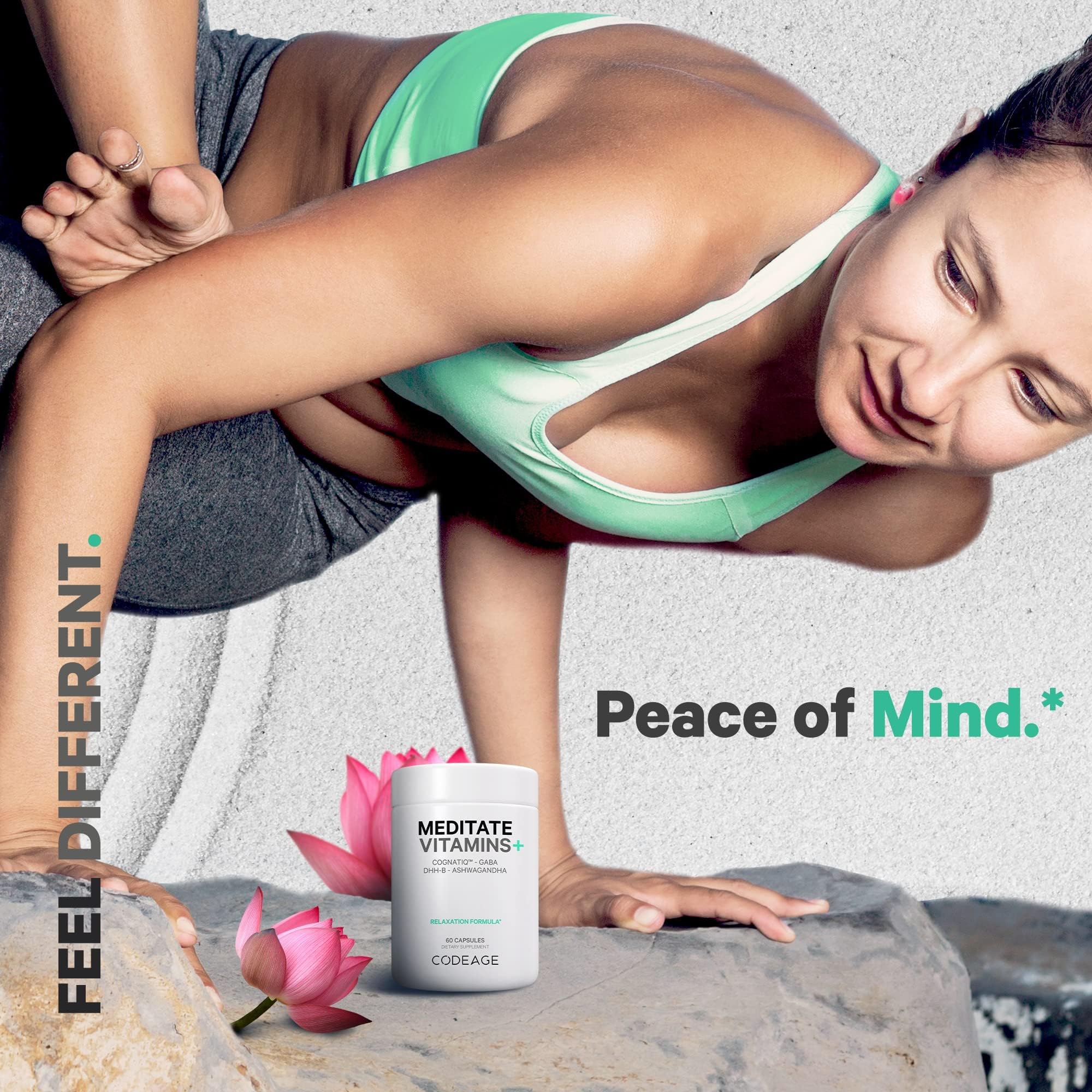 Codeage Meditate Vitamins bottle with a measuring spoon and capsules