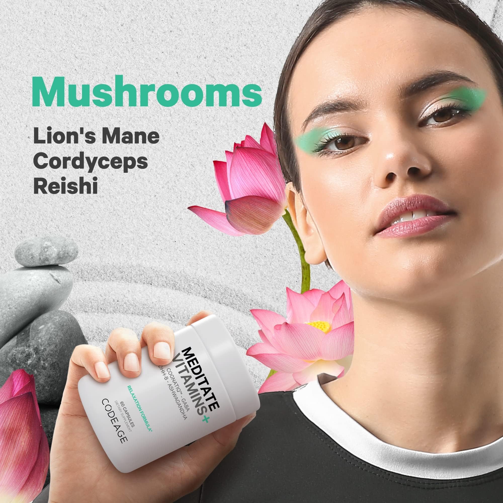 Codeage Meditate Vitamins bottle with organic mushrooms and berries background