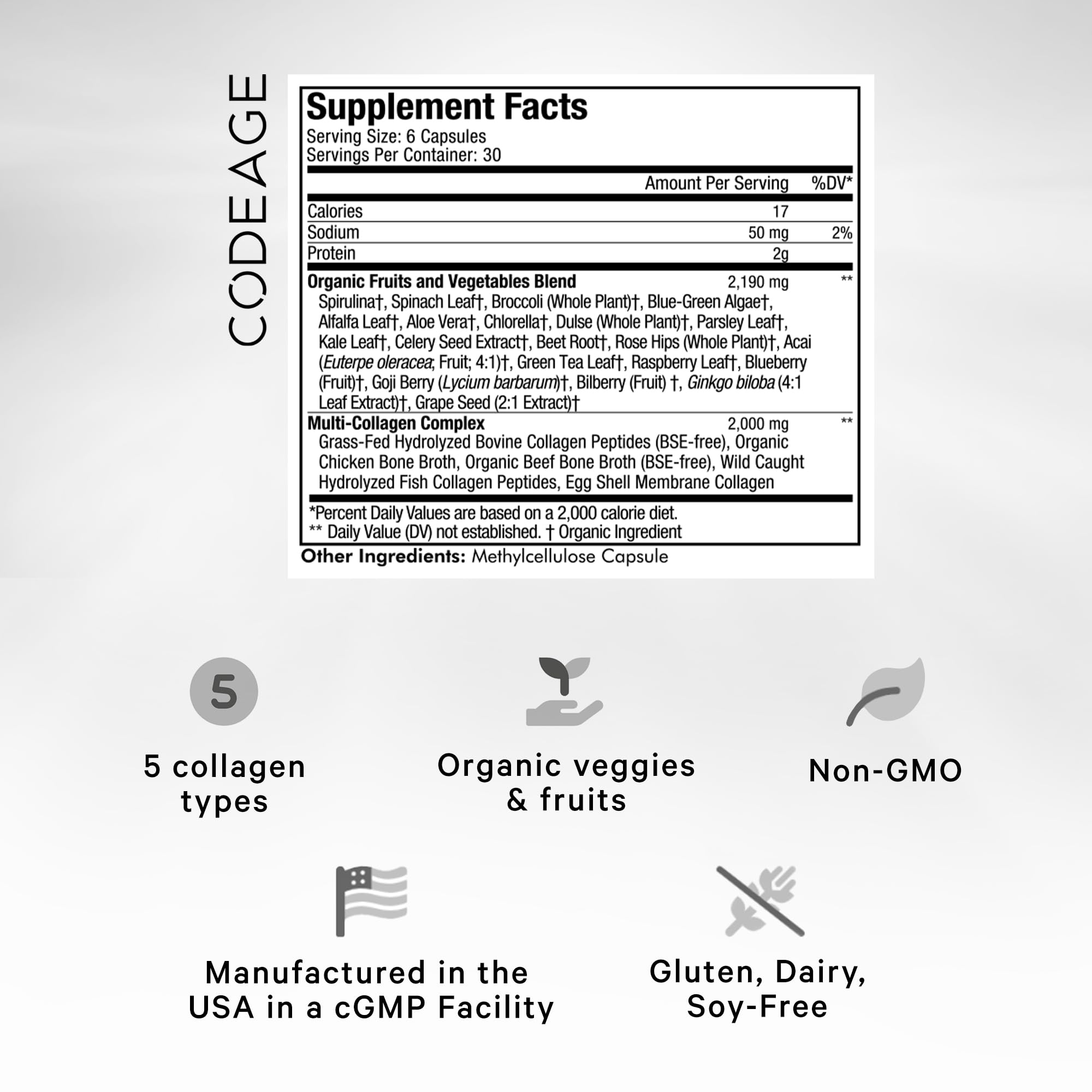 Codeage Multi Collagen Raw Greens 150 Capsules side view