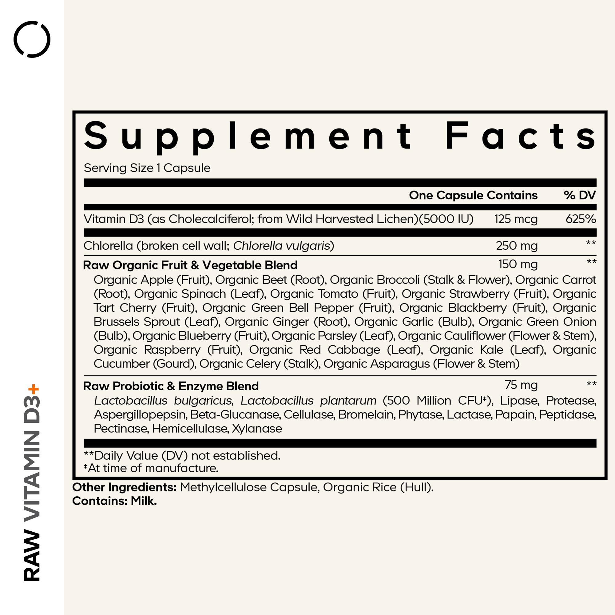 Codeage Raw Vitamin D3 supplement side view showing capsule details