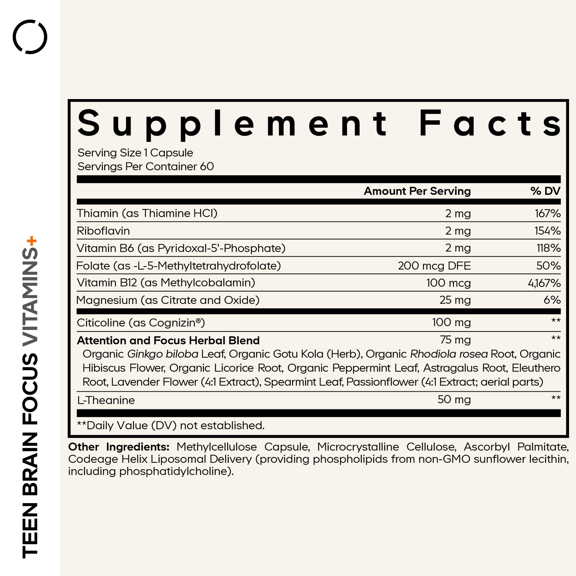 Codeage Teen Brain Focus Vitamins+ bottle side view