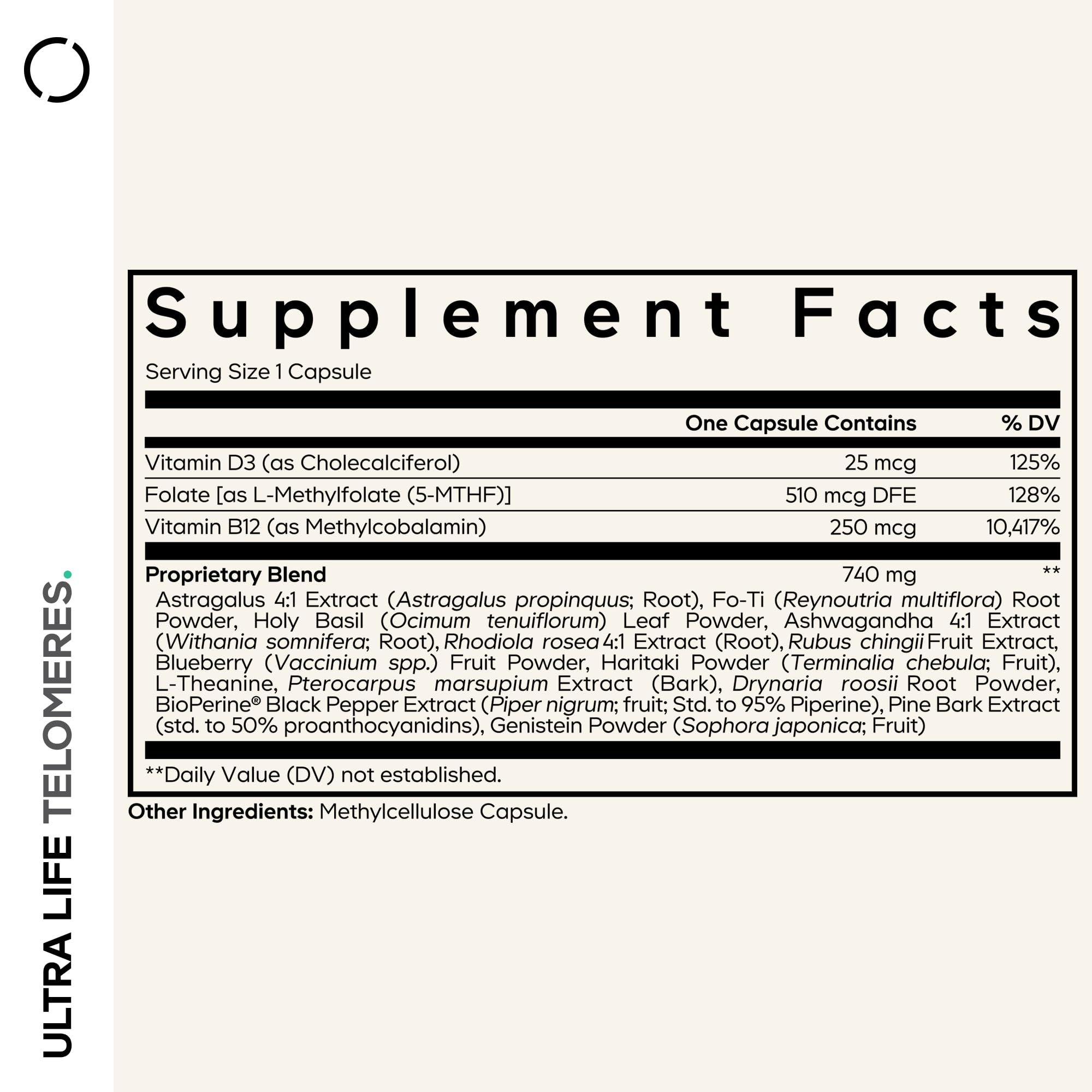 Codeage Ultra Life Telomers side view showing ingredients