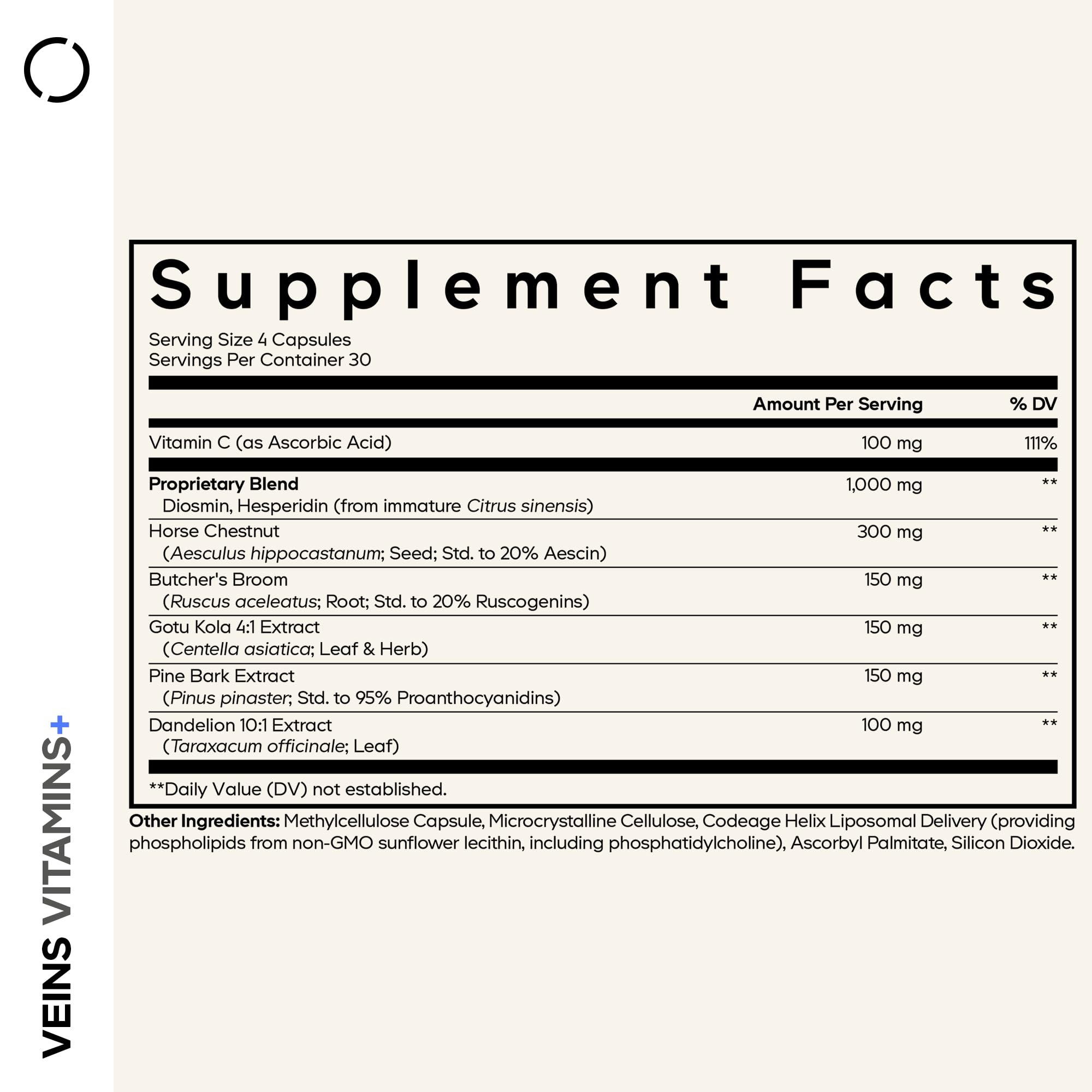 Codeage Veins Vitamins+ bottle side view showing label