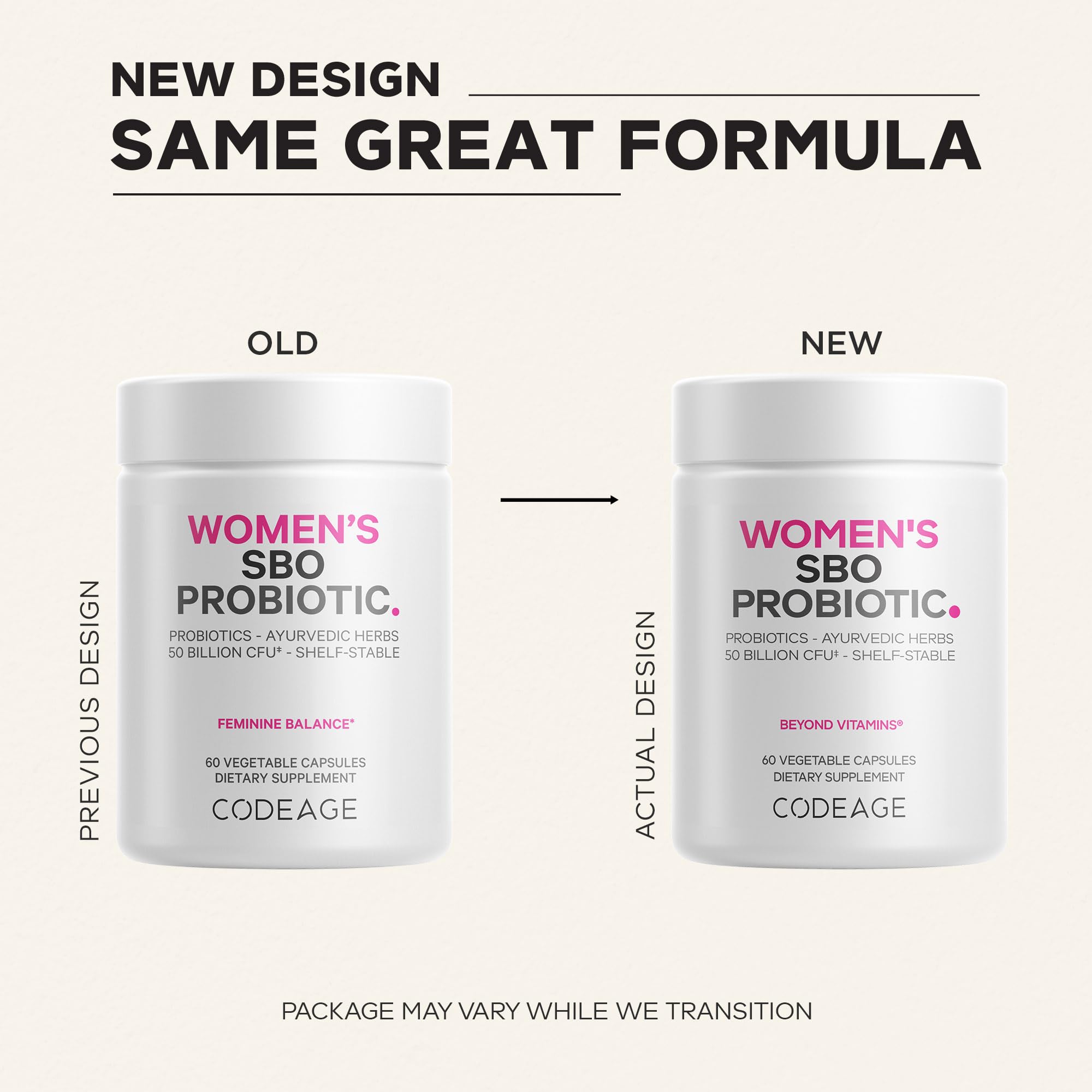 Codeage Women's SBO Probiotic Supplement capsules on a wooden table