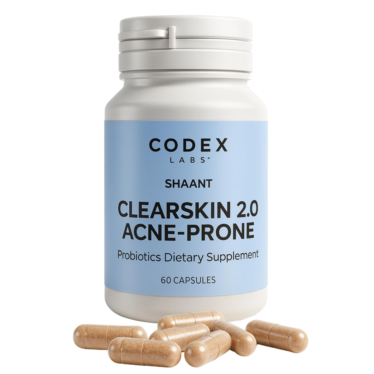 Codex Labs Shaant Clear Skin 2.0 probiotic capsules front view