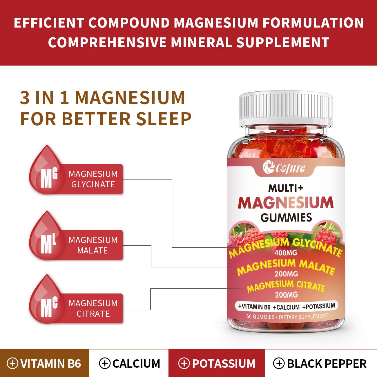 Cofure Magnesium Complex Gummies 800mg side view with packaging